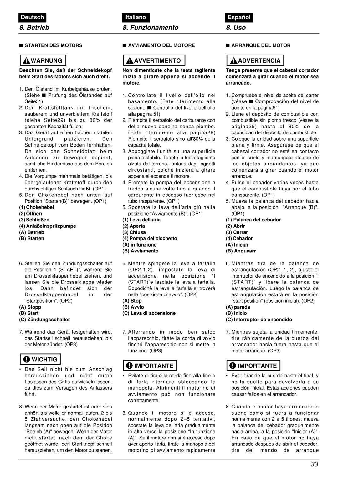 Zenoah BCX2601DL manual Betrieb, Funzionamento, Uso, Deutsch, Italiano, Español 