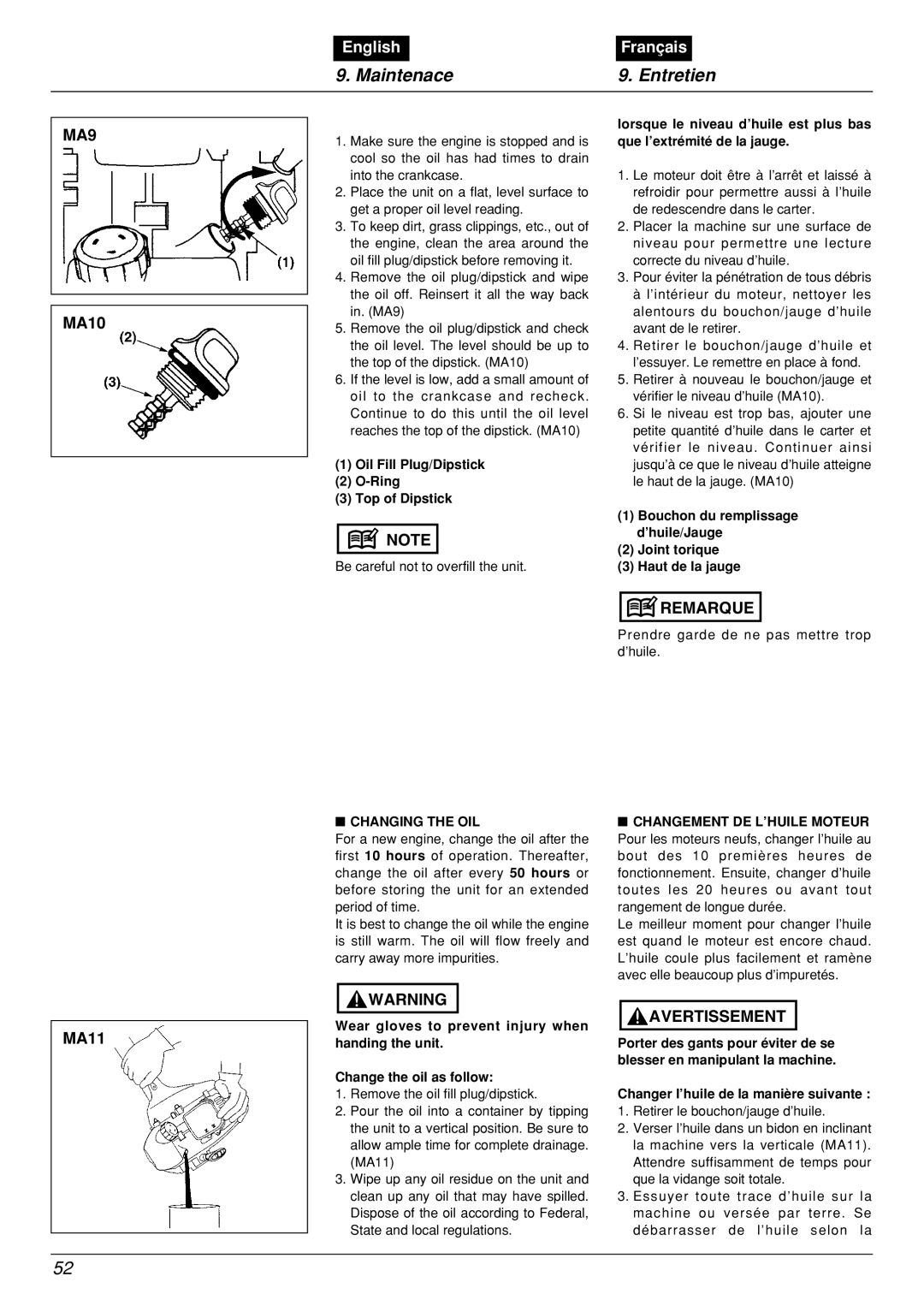 Zenoah BCX2601DL manual Maintenace, Entretien, English, Français, Oil Fill Plug/Dipstick 2 O-Ring 3 Top of Dipstick 