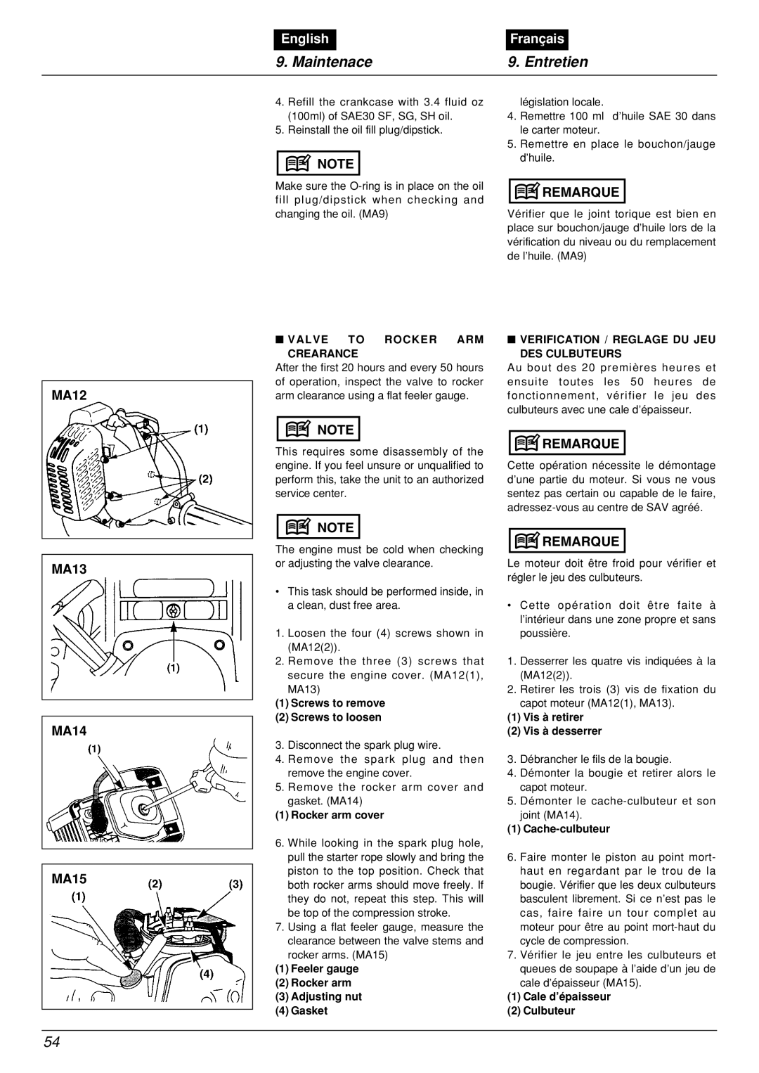 Zenoah BCX2601DL manual Maintenace, Entretien, English, Français, Valve To Rocker Arm 