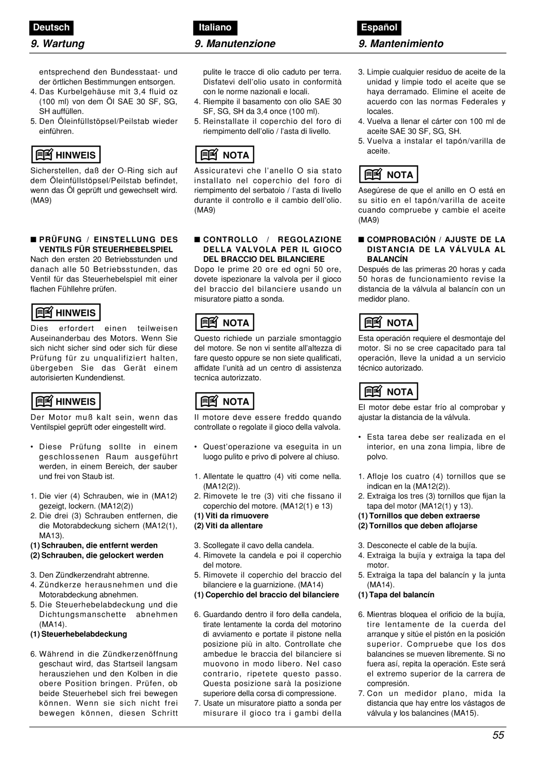 Zenoah BCX2601DL manual Wartung, Manutenzione, Mantenimiento, Deutsch, Italiano, Español 