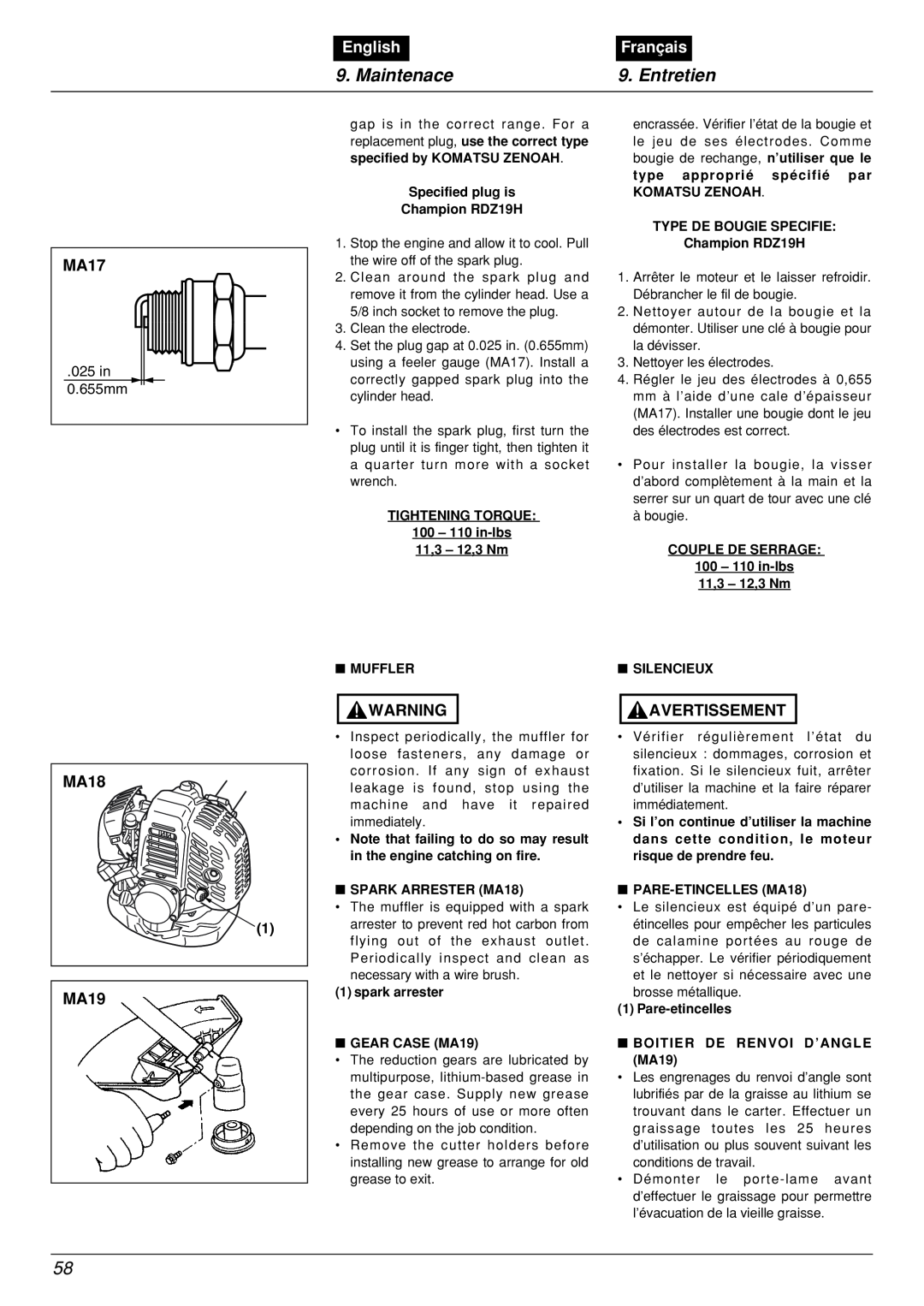 Zenoah BCX2601DL manual Maintenace, Entretien, English, Français, 025 in 0.655mm 