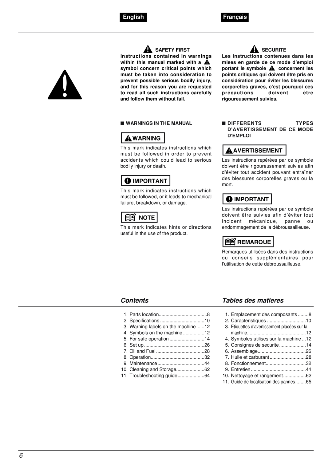 Zenoah BCX2601DL manual Contents, Tables des matieres, English, Français, Avertissement, Remarque 