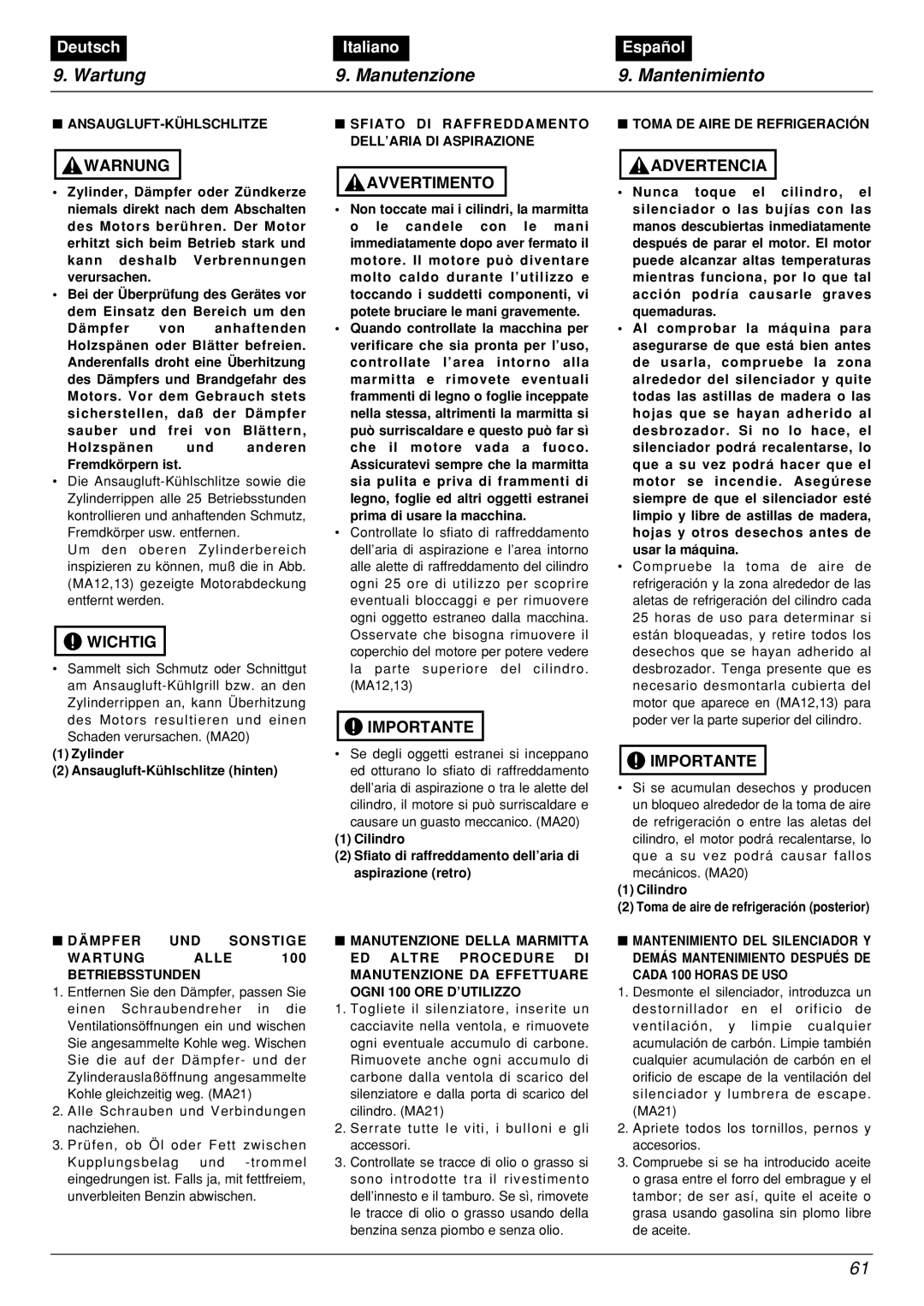 Zenoah BCX2601DL manual Deutsch, Italiano, Español, Schaden verursachen. MA20 