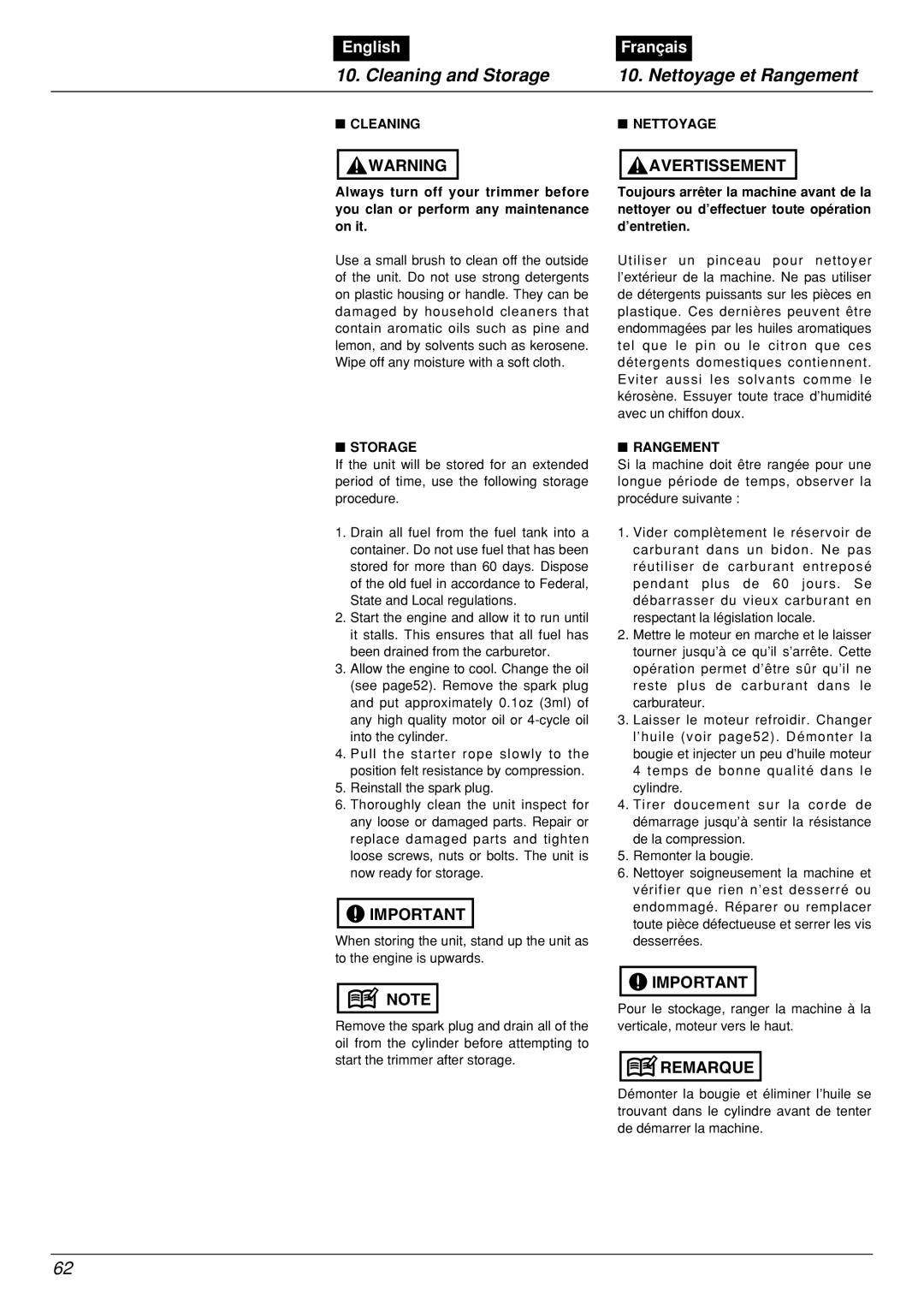 Zenoah BCX2601DL manual Cleaning and Storage, Nettoyage et Rangement, English, Français 