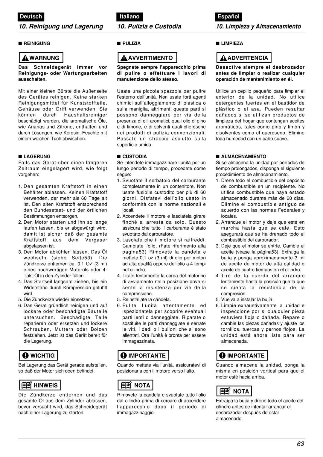 Zenoah BCX2601DL manual Reinigung und Lagerung, Pulizia e Custodia, Deutsch, Italiano, Español, Limpieza y Almacenamiento 