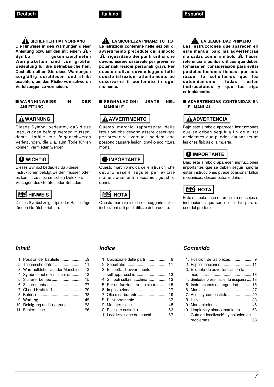 Zenoah BCX2601DL manual Inhalt, Indice, Contenido, Deutsch, Italiano, Español 