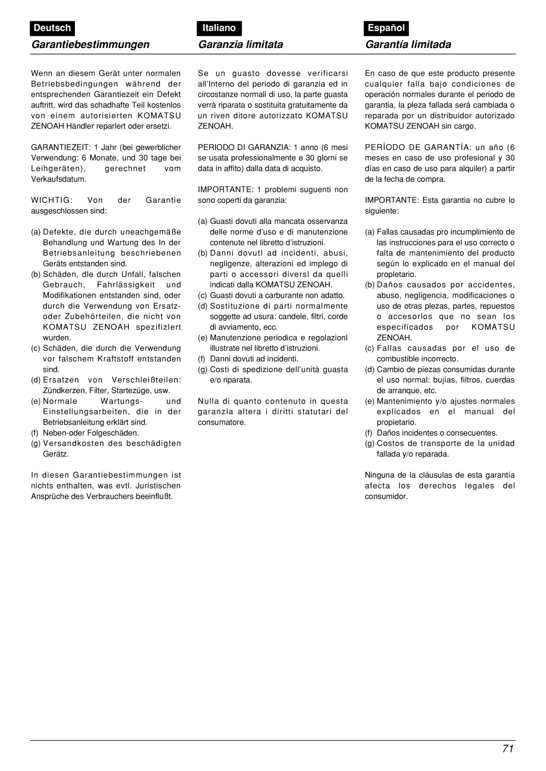 Zenoah BCX2601DL manual Garantiebestimmungen, Garanzia limitata, Garantía limitada, Deutsch, Italiano, Español 