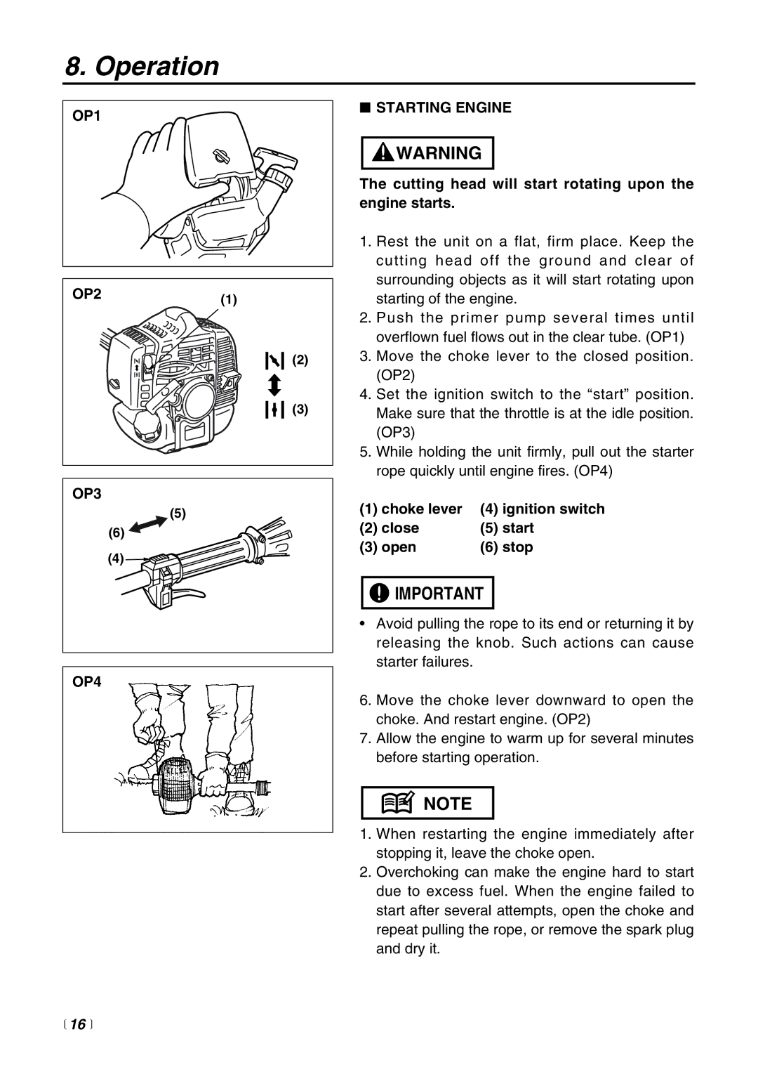 Zenoah BCZ2400S manual Operation, OP1, OP3 OP4 Starting Engine,  16  