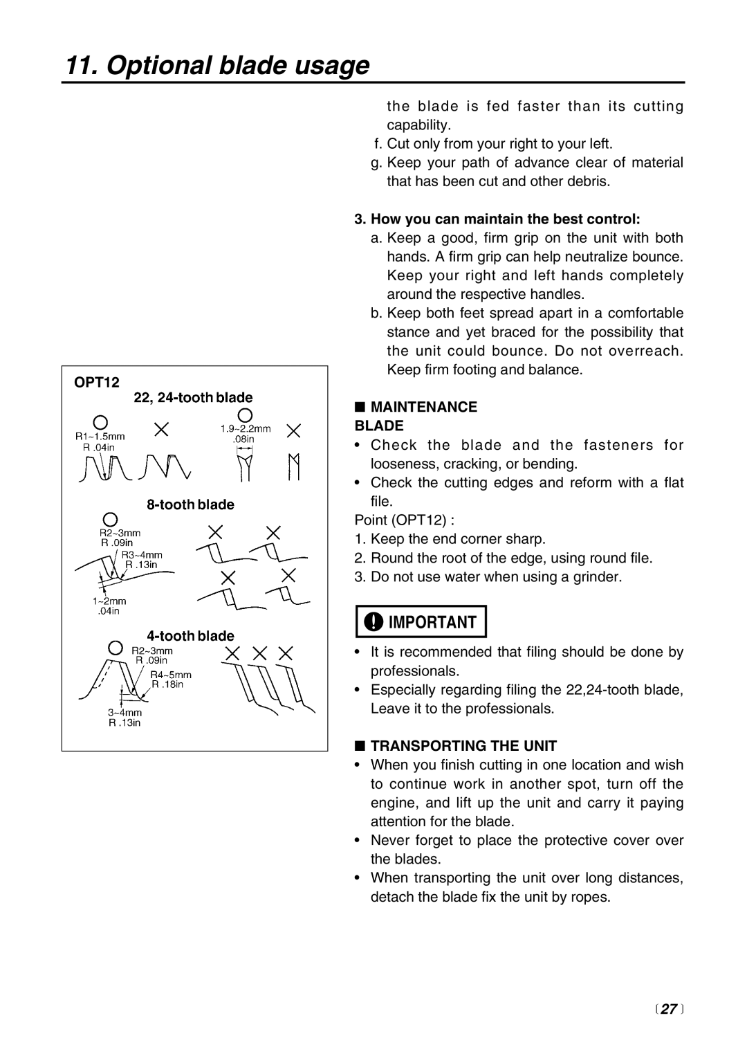 Zenoah BCZ2400S manual OPT12, Maintenance Blade, Transporting the Unit,  27  