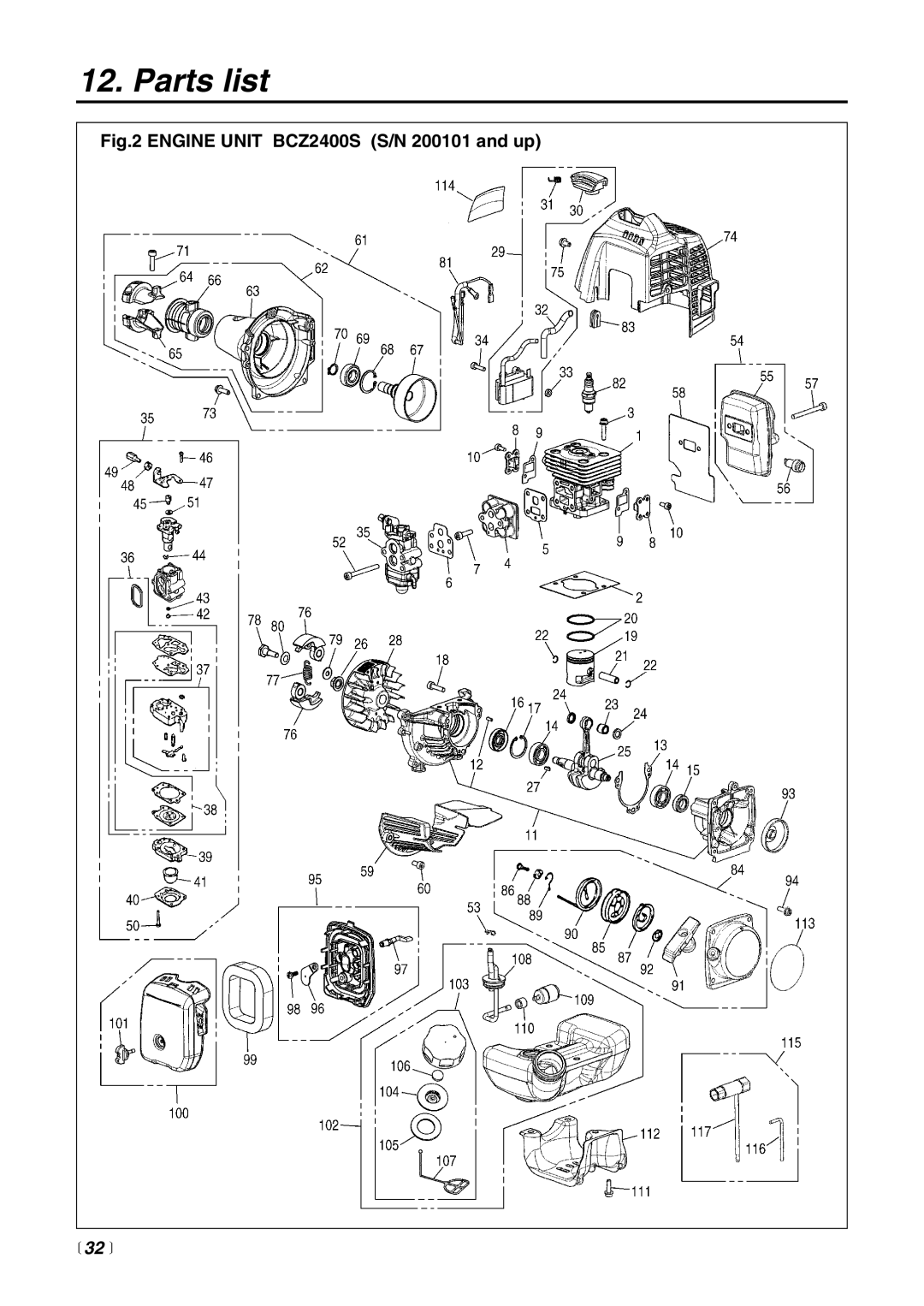 Zenoah manual Engine Unit BCZ2400S S/N 200101 and up,  32  