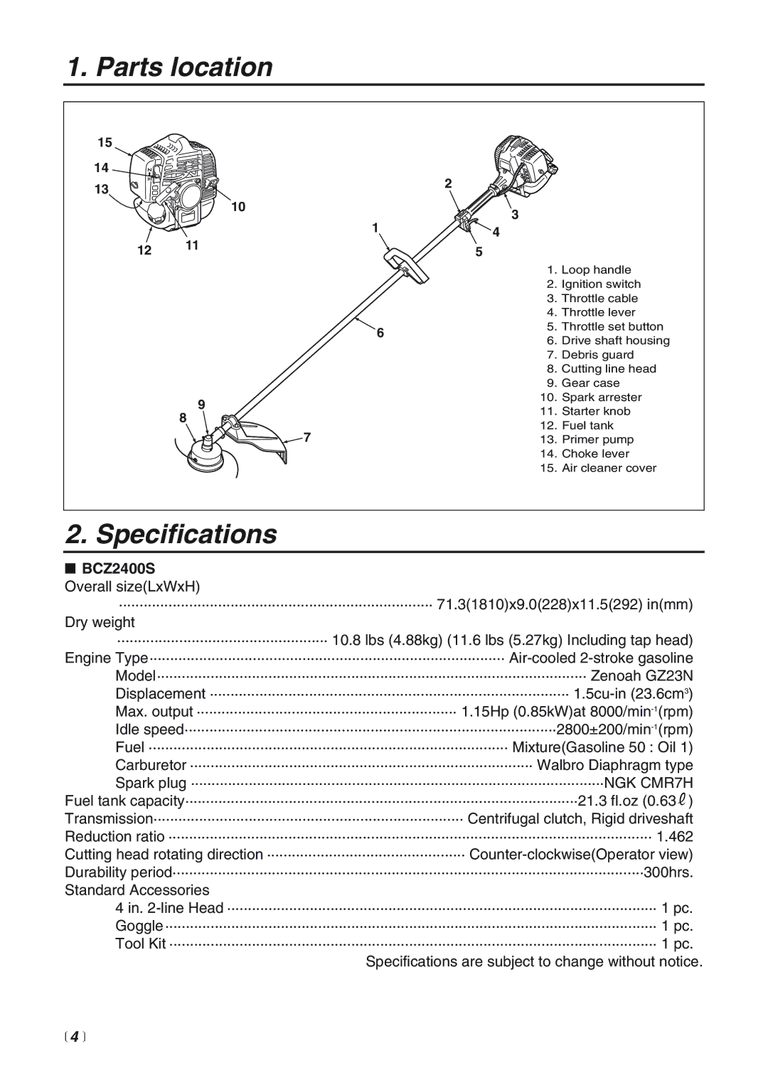 Zenoah BCZ2400S manual Parts location, Specifications,  4  