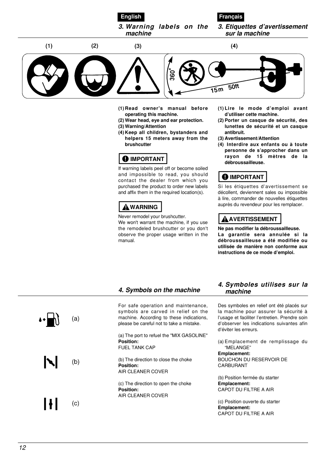 Zenoah BCZ2600DL manual Etiquettes d’avertissement, Machine Sur la machine, Position, Emplacement 