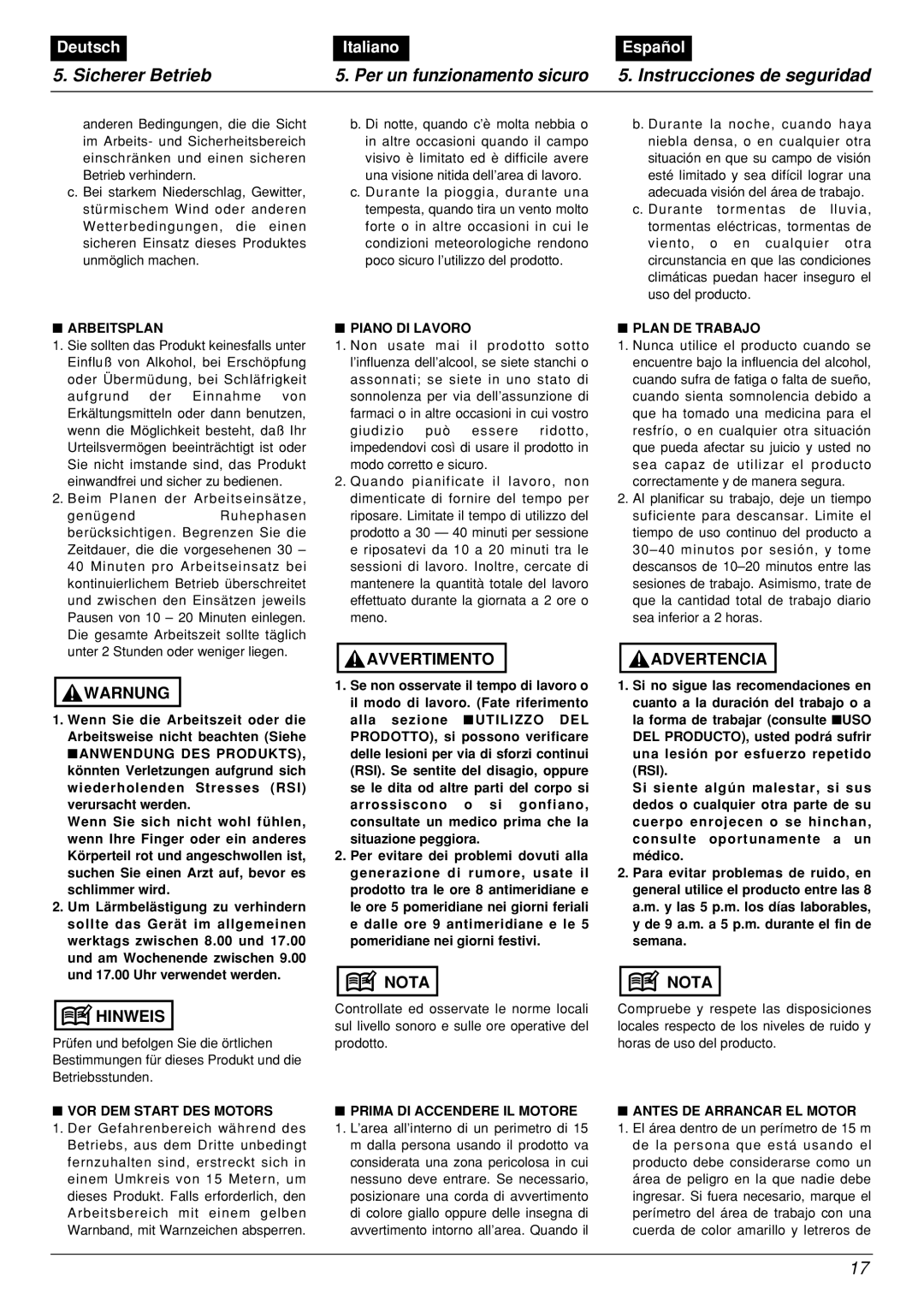 Zenoah BCZ2600DL manual Arbeitsplan, Beim Planen der Arbeitseinsätze, Piano DI Lavoro, Plan DE Trabajo 