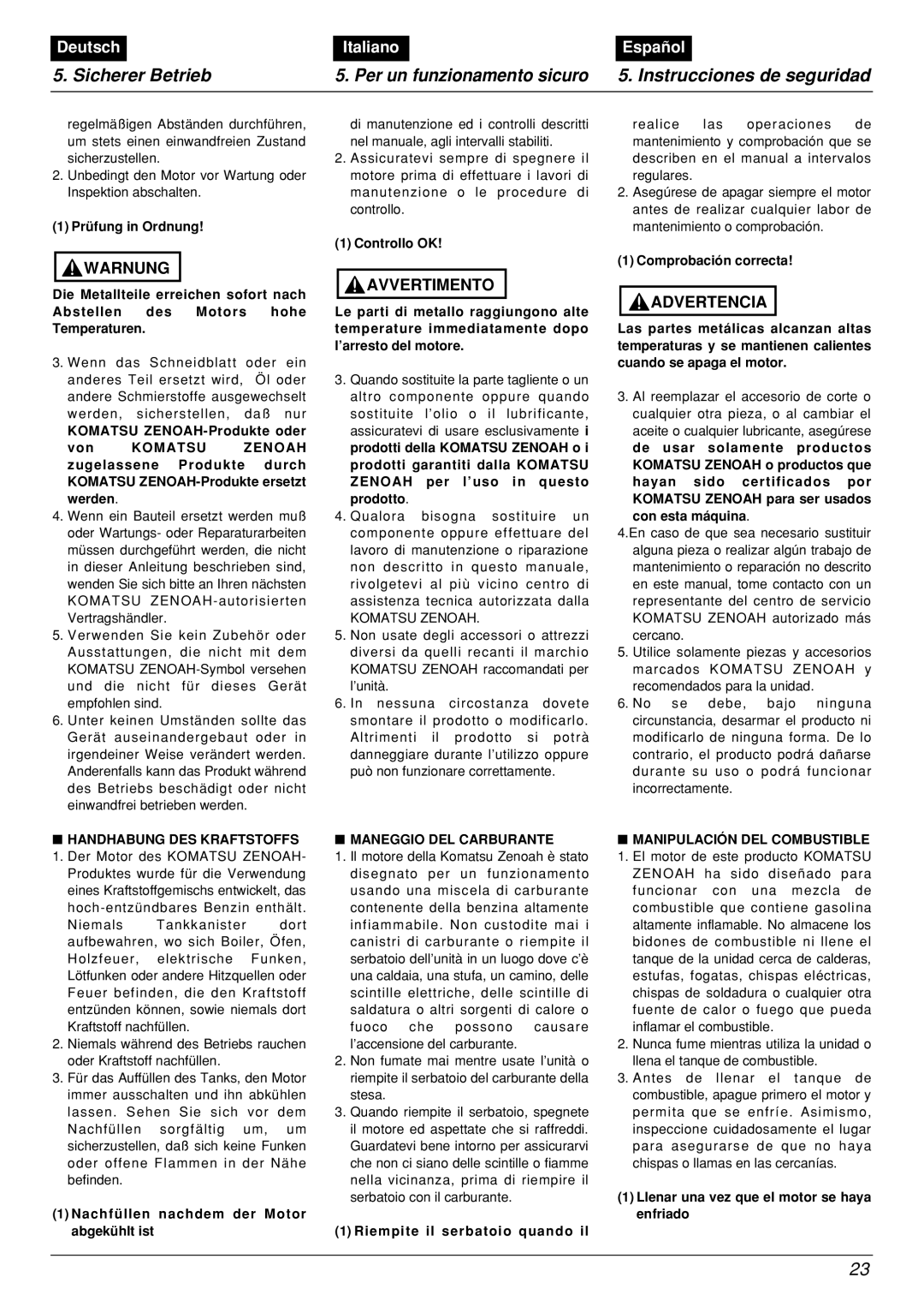 Zenoah BCZ2600DL manual Handhabung DES Kraftstoffs, Maneggio DEL Carburante, Manipulación DEL Combustible 