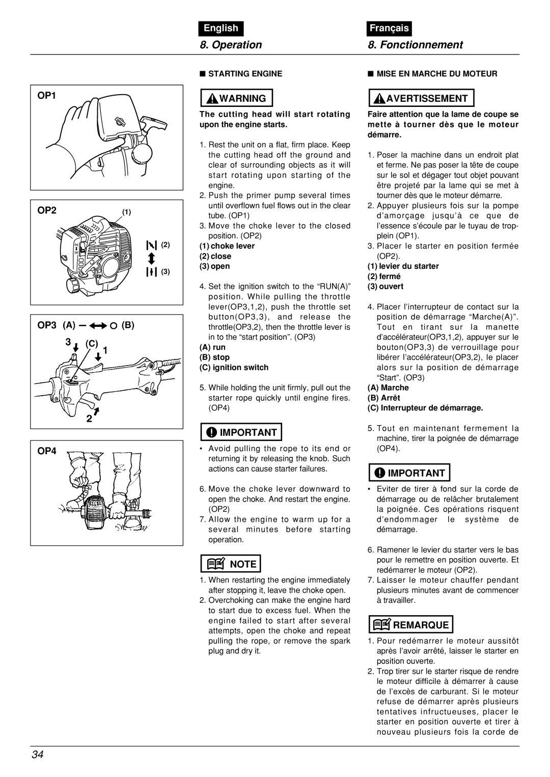 Zenoah BCZ2600DL manual Operation Fonctionnement, OP1, OP3 OP4, Starting Engine Mise EN Marche DU Moteur 