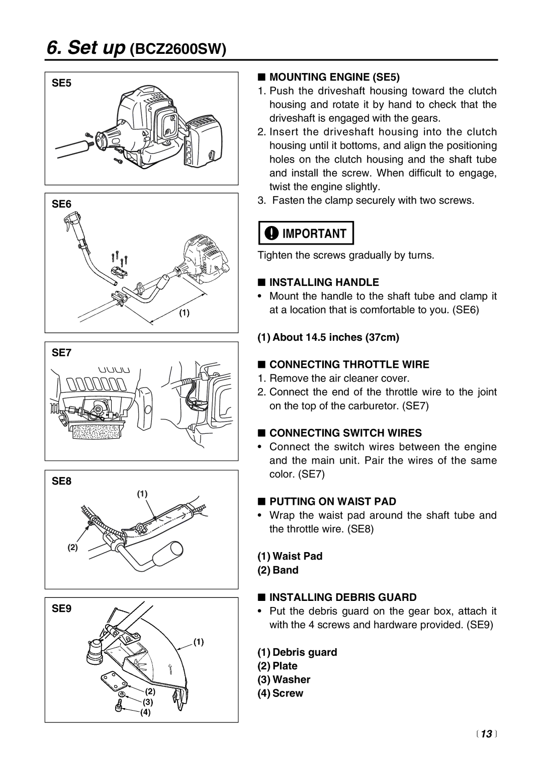 Zenoah BCZ2600SW, BCZ2600SU manual SE6, SE7 SE8 SE9 Mounting Engine SE5, Putting on Waist PAD,  13  