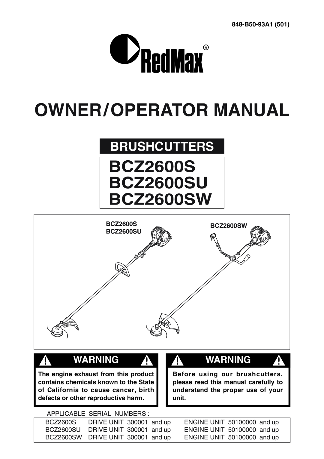 Zenoah manual BCZ2600S BCZ2600SU BCZ2600SW, Brushcutters, 848-B50-93A1501, Owner/Operator Manual 