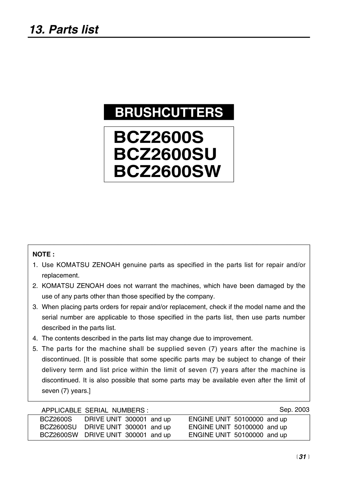 Zenoah manual Parts list, 31 , BCZ2600S BCZ2600SU BCZ2600SW, Brushcutters 