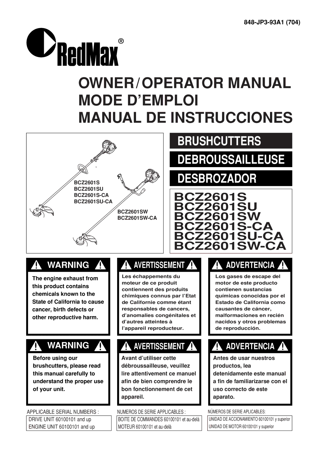 Zenoah BCZ2601S manual OWNER/OPERATOR Manual Mode D’EMPLOI Manual DE Instrucciones 