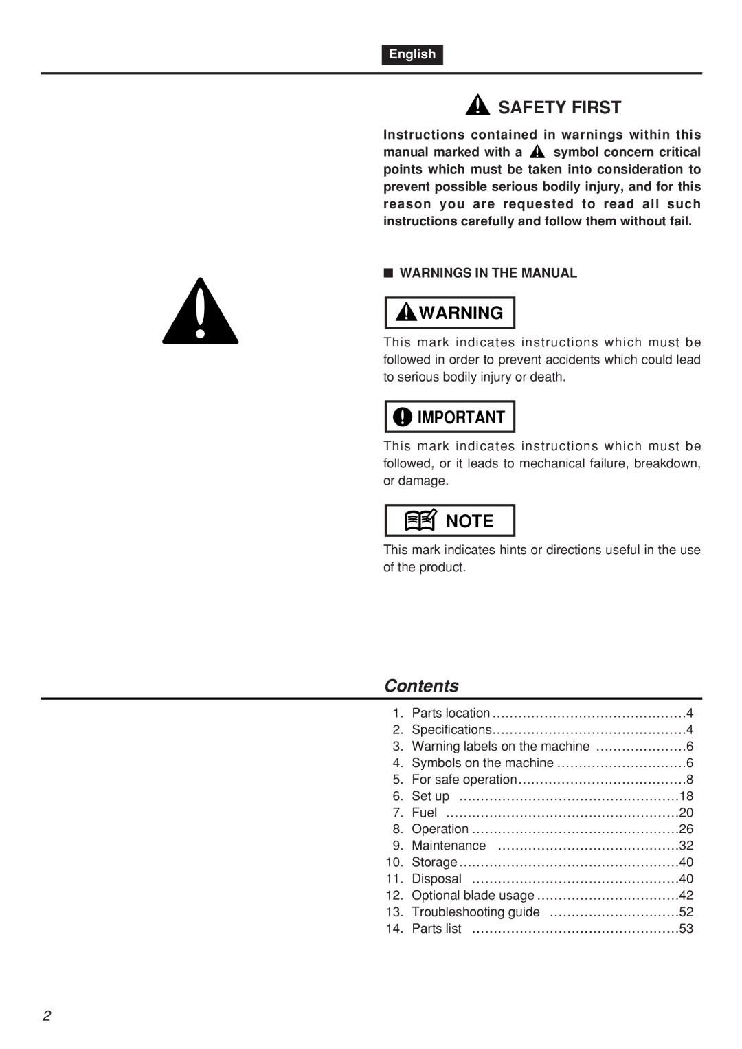 Zenoah BCZ2601S manual Contents 