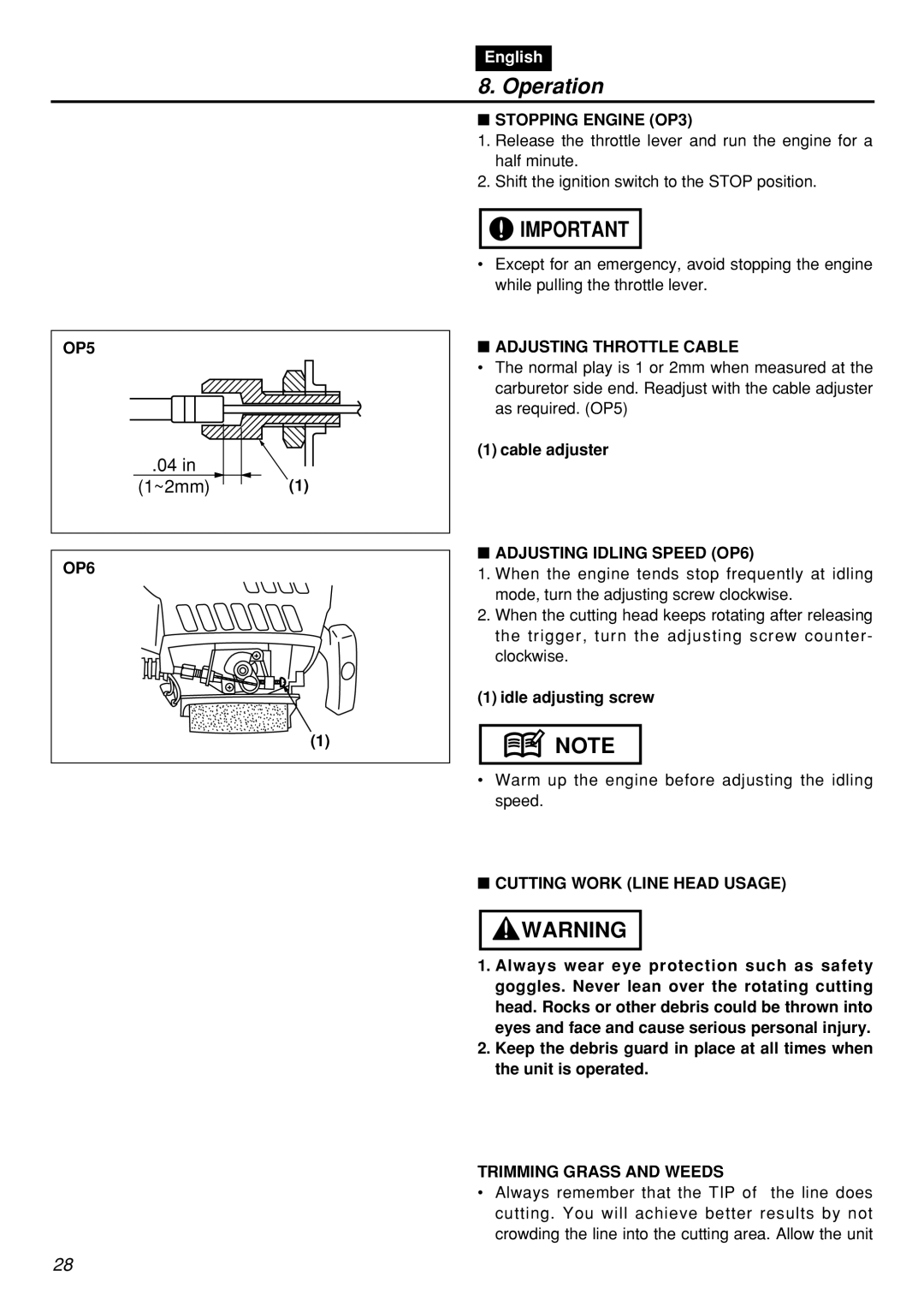 Zenoah BCZ2601S manual OP5, OP6 Stopping Engine OP3, Adjusting Throttle Cable, Adjusting Idling Speed OP6 