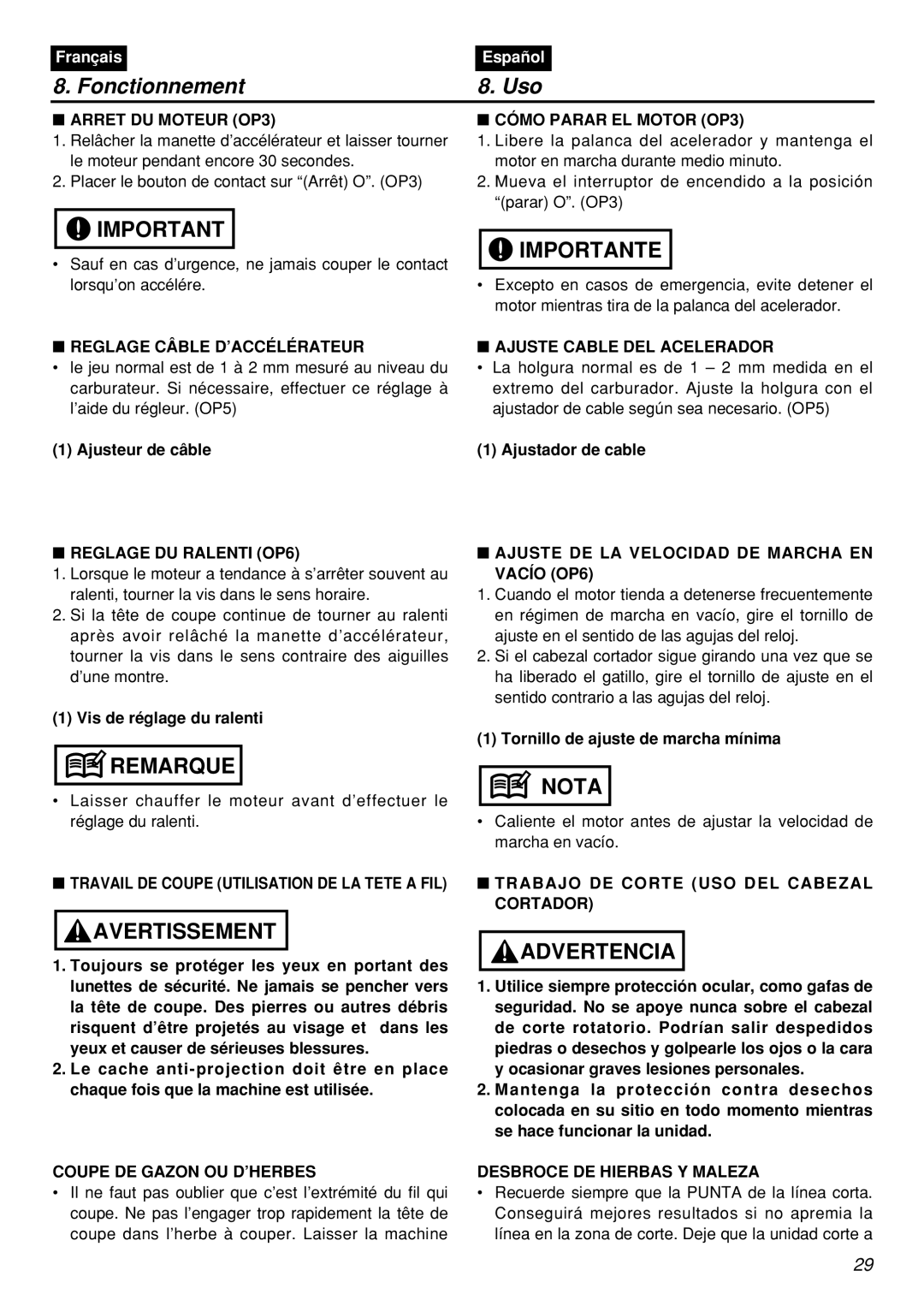 Zenoah BCZ2601S manual Reglage Câble D’ACCÉLÉRATEUR, Ajuste Cable DEL Acelerador, Reglage DU Ralenti OP6 