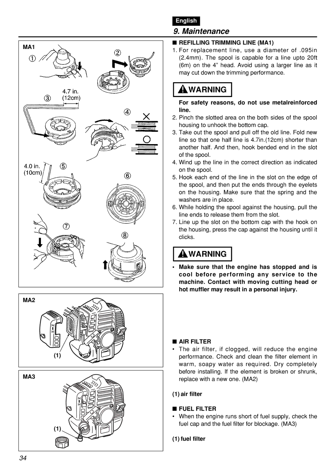 Zenoah BCZ2601S manual MA1 MA2 MA3, Refilling Trimming Line MA1, AIR Filter, Fuel Filter 