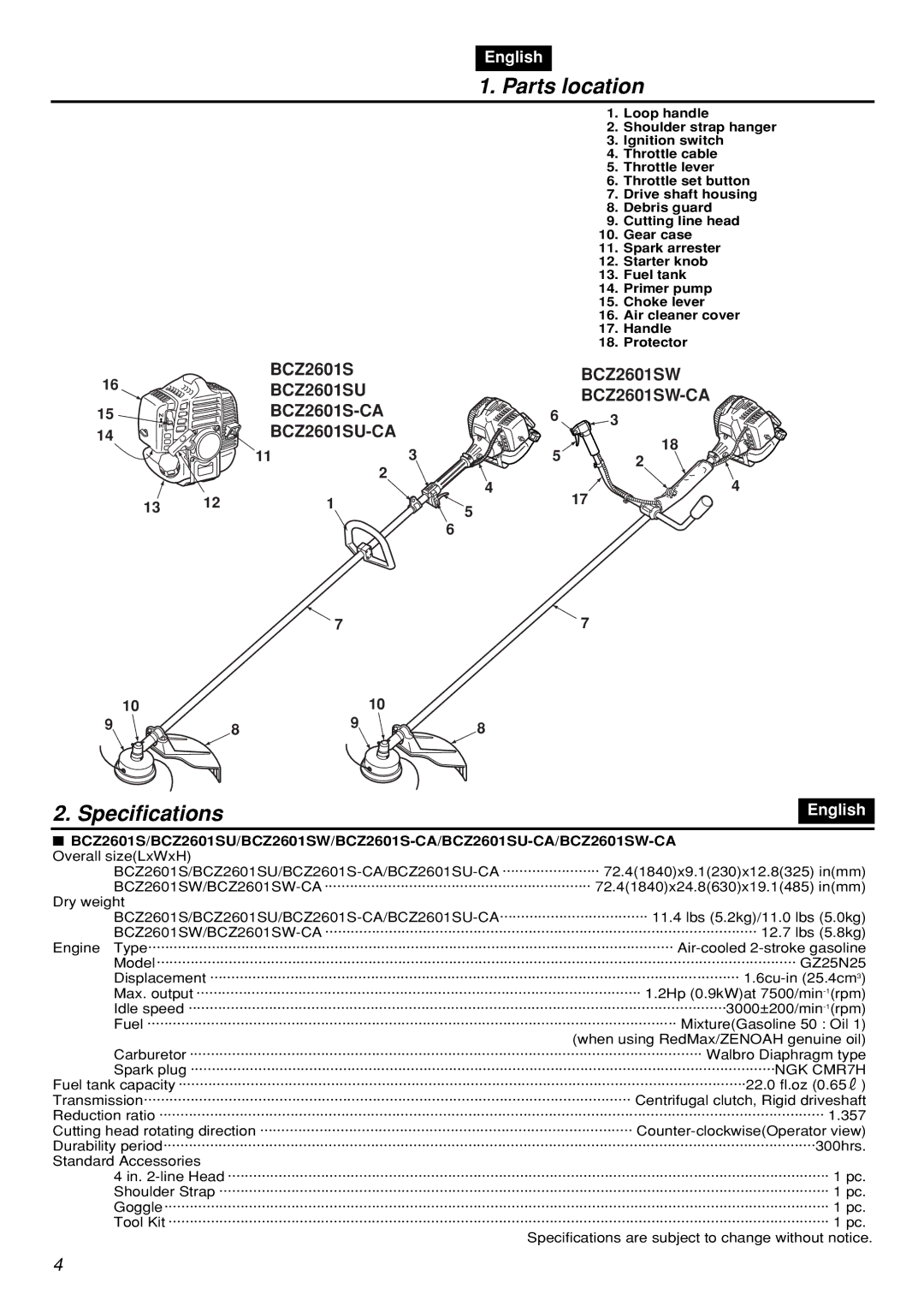 Zenoah BCZ2601S manual Parts location, Specifications 