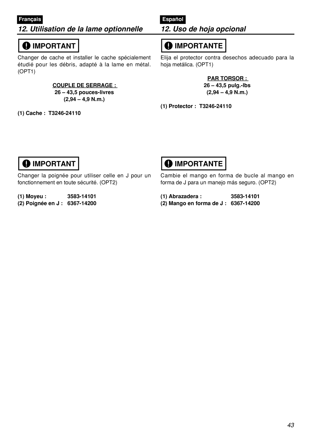 Zenoah BCZ2601S manual Utilisation de la lame optionnelle Uso de hoja opcional, PAR Torsor, 26 43,5 pulg.-lbs, 94 4,9 N.m 