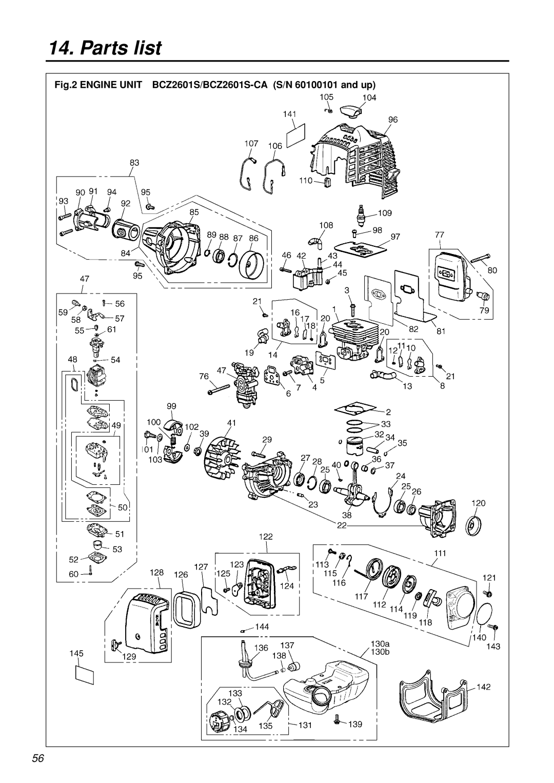 Zenoah manual Engine Unit BCZ2601S/BCZ2601S-CA S/N 60100101 and up 