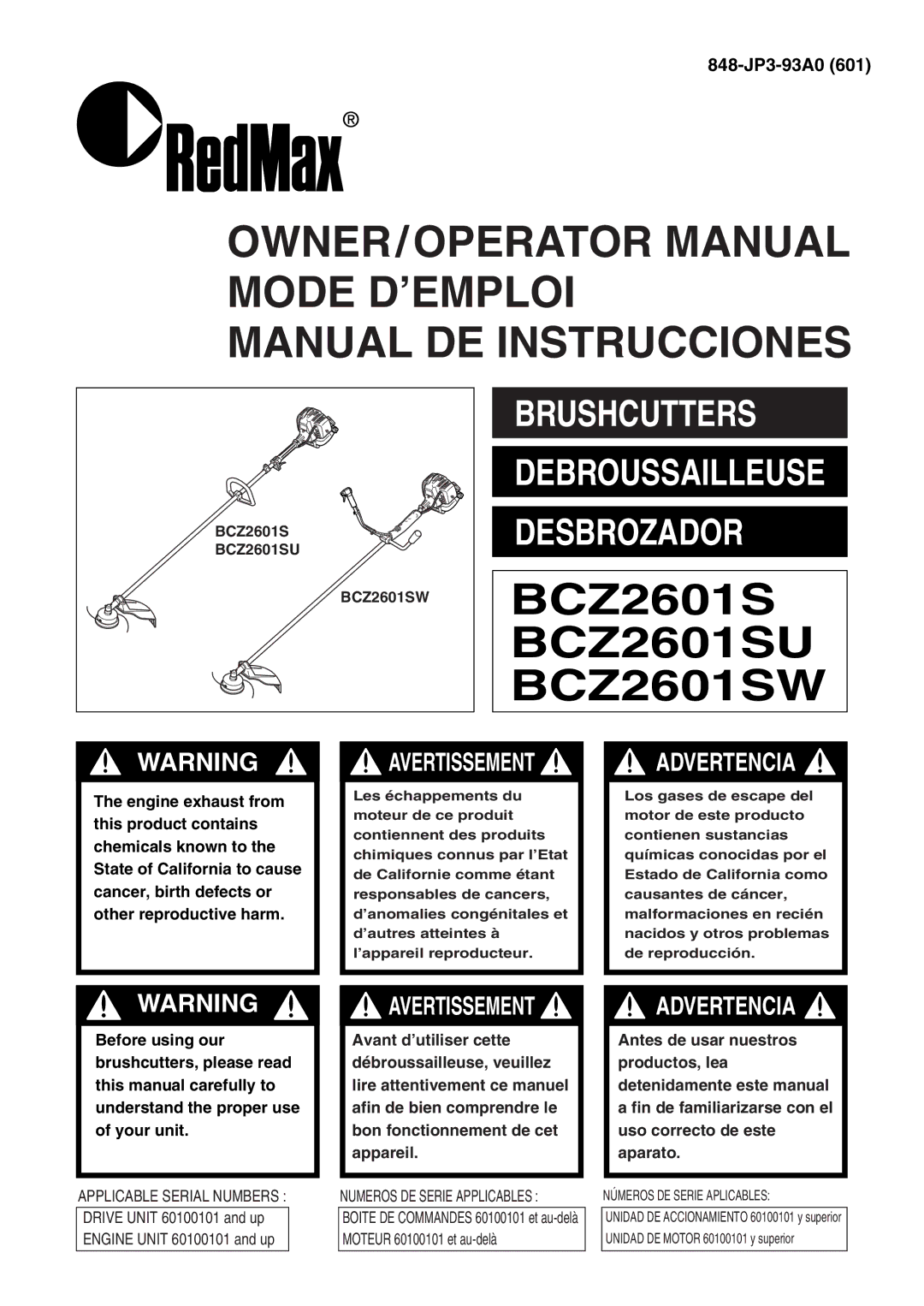 Zenoah BCZ2601SW, BCZ2601SU manual OWNER/OPERATOR Manual Mode D’EMPLOI Manual DE Instrucciones 