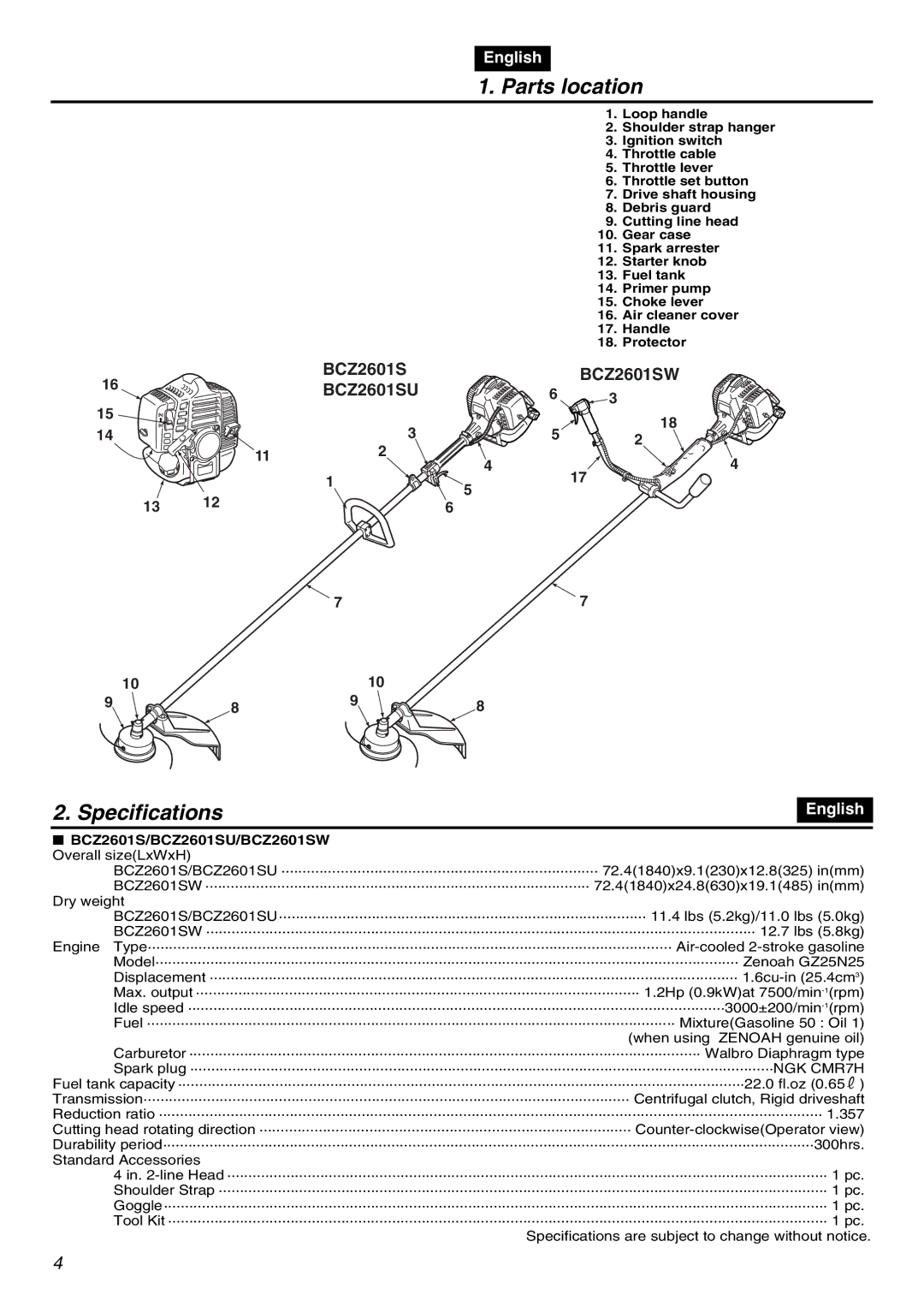 Zenoah BCZ2601SU, BCZ2601SW manual Parts location, Specifications 