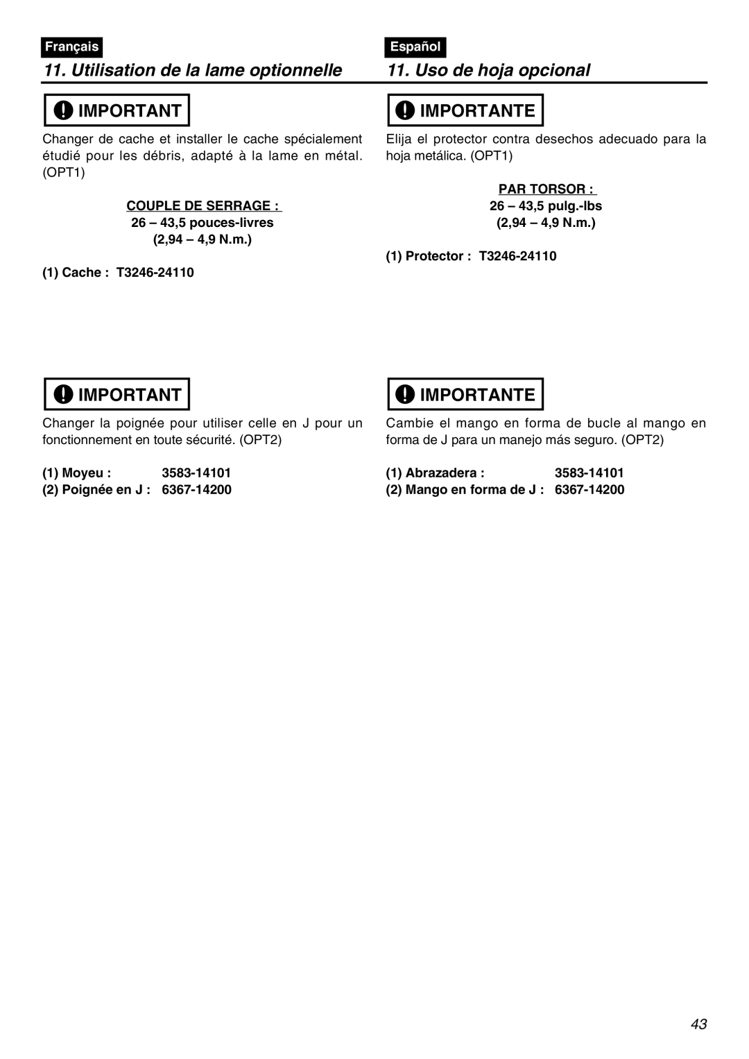 Zenoah BCZ2601SW manual Utilisation de la lame optionnelle Uso de hoja opcional, PAR Torsor, 26 43,5 pulg.-lbs, 94 4,9 N.m 