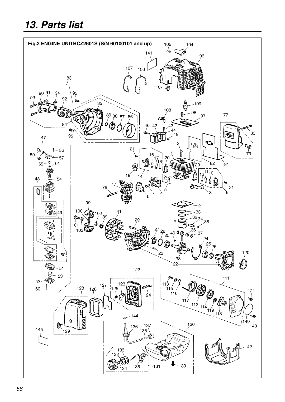 Zenoah BCZ2601SU, BCZ2601SW manual Engine UNITBCZ2601S S/N 60100101 and up 