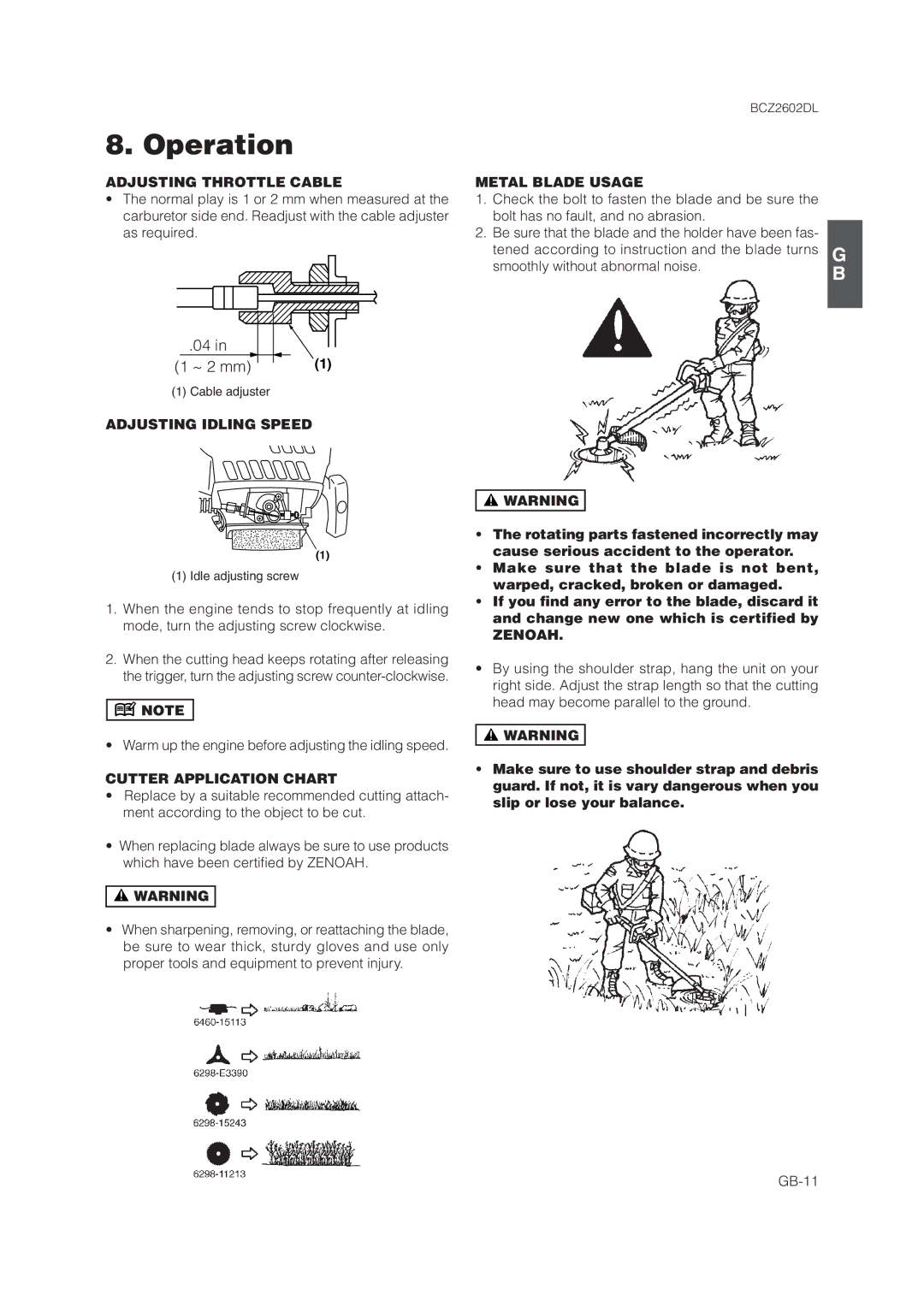 Zenoah BCZ2602DL Adjusting Throttle Cable, Adjusting Idling Speed, Cutter Application Chart, Metal Blade Usage, Zenoah 