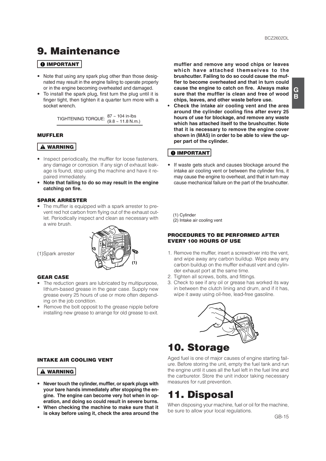 Zenoah BCZ2602DL owner manual Storage, Disposal 