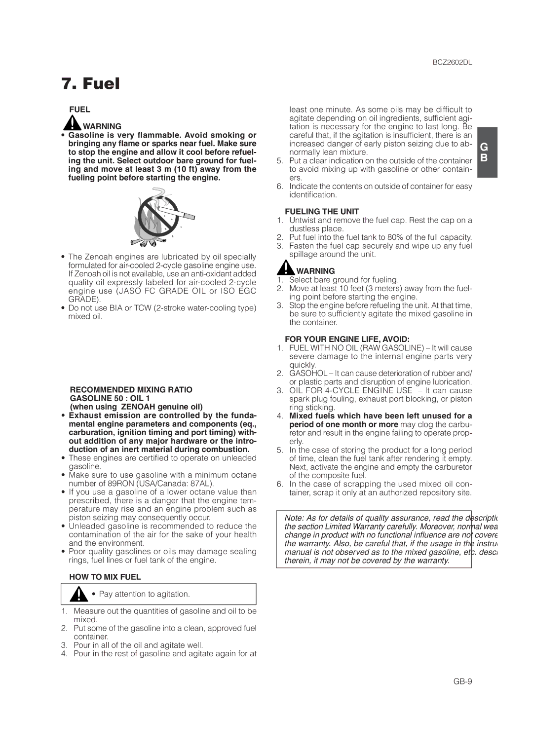 Zenoah BCZ2602DL owner manual Fuel 