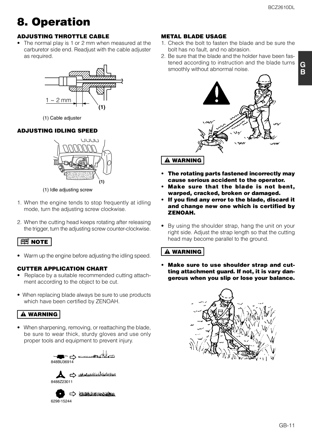 Zenoah BCZ2610DL Adjusting Throttle Cable, Adjusting Idling Speed, Cutter Application Chart, Metal Blade Usage, Zenoah 