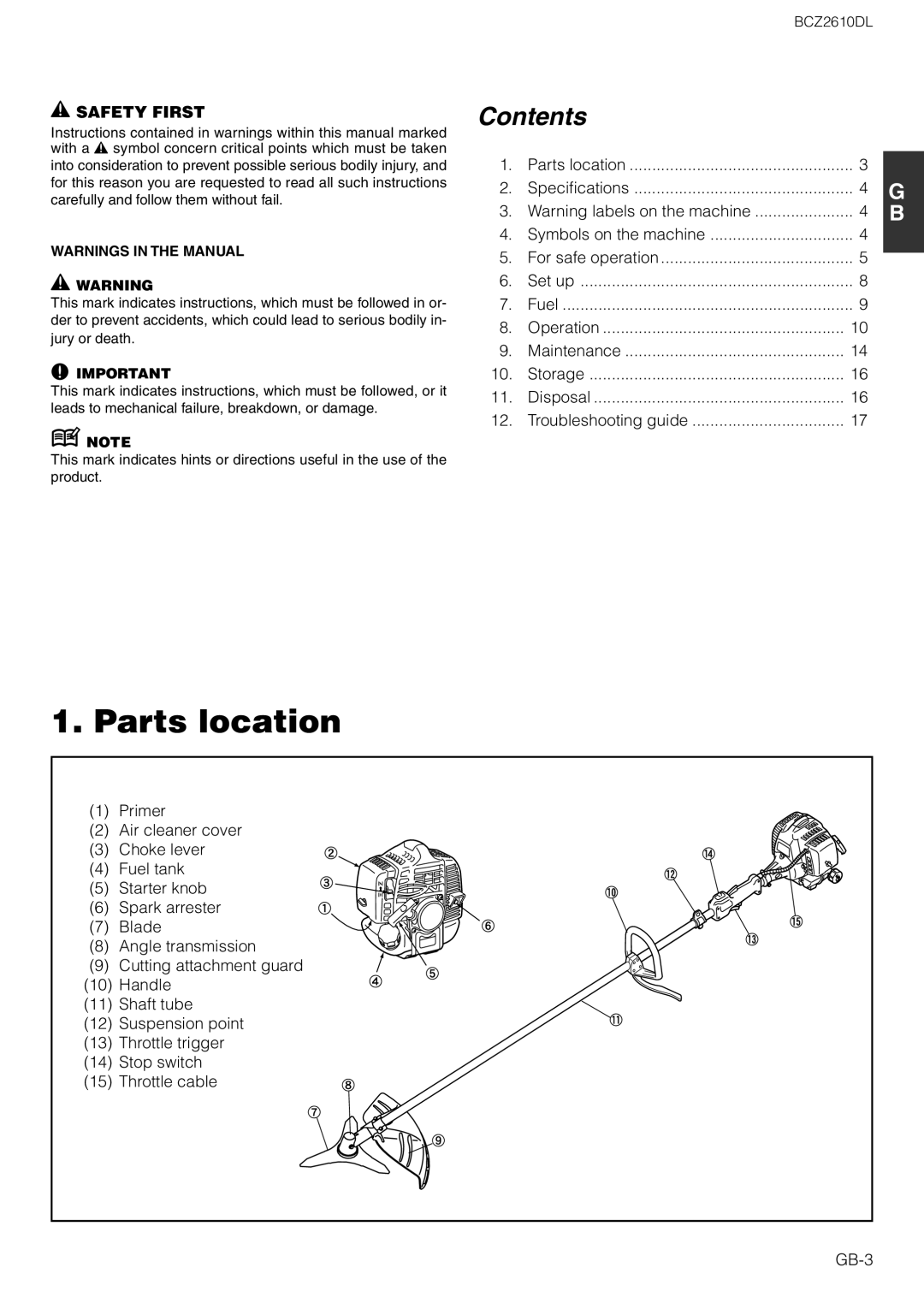 Zenoah BCZ2610DL owner manual Parts location, Contents 