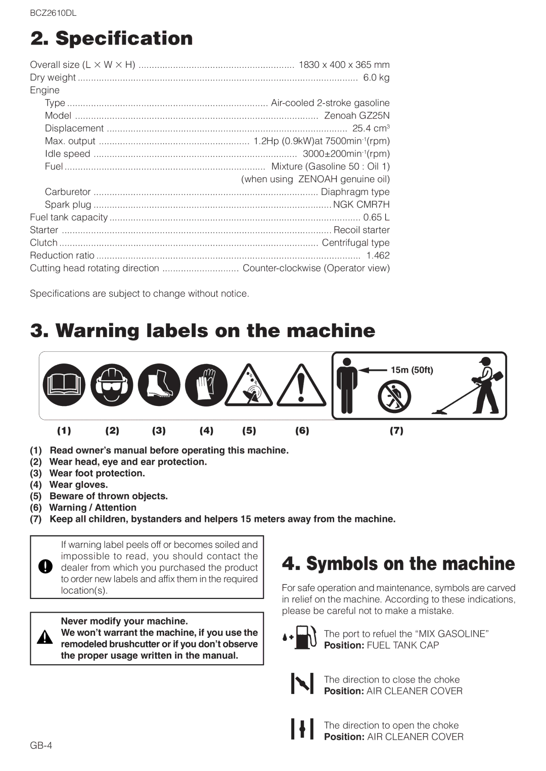 Zenoah BCZ2610DL owner manual Specification, Symbols on the machine, Never modify your machine 