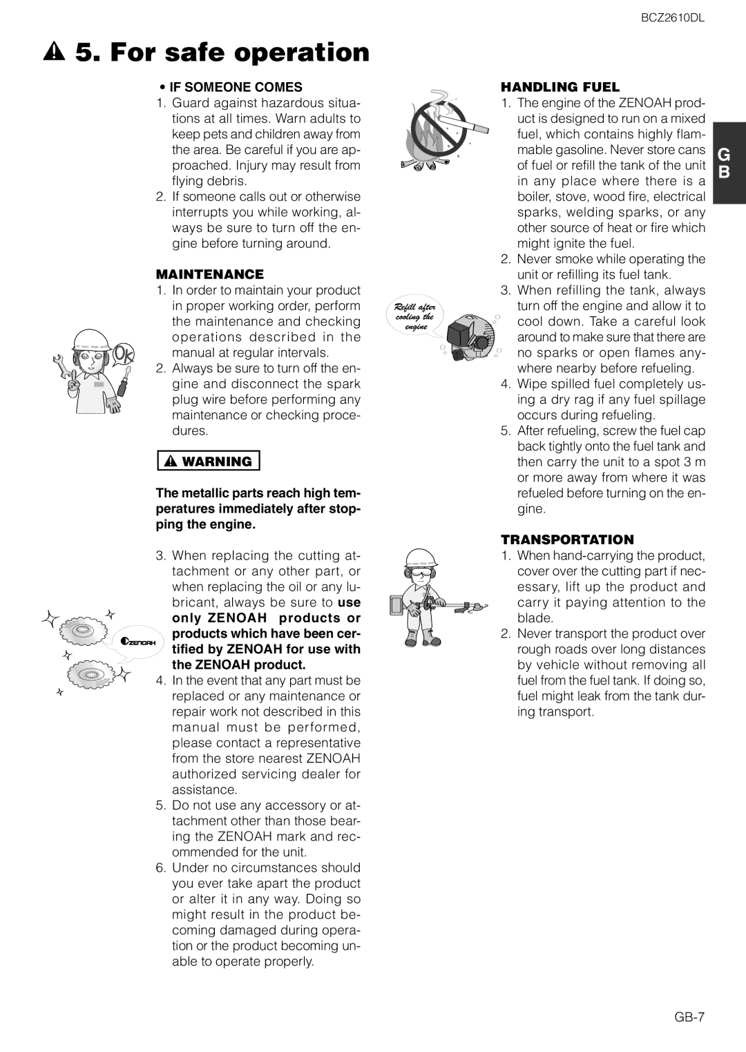 Zenoah BCZ2610DL owner manual If Someone Comes, Maintenance, Handling Fuel, Transportation 