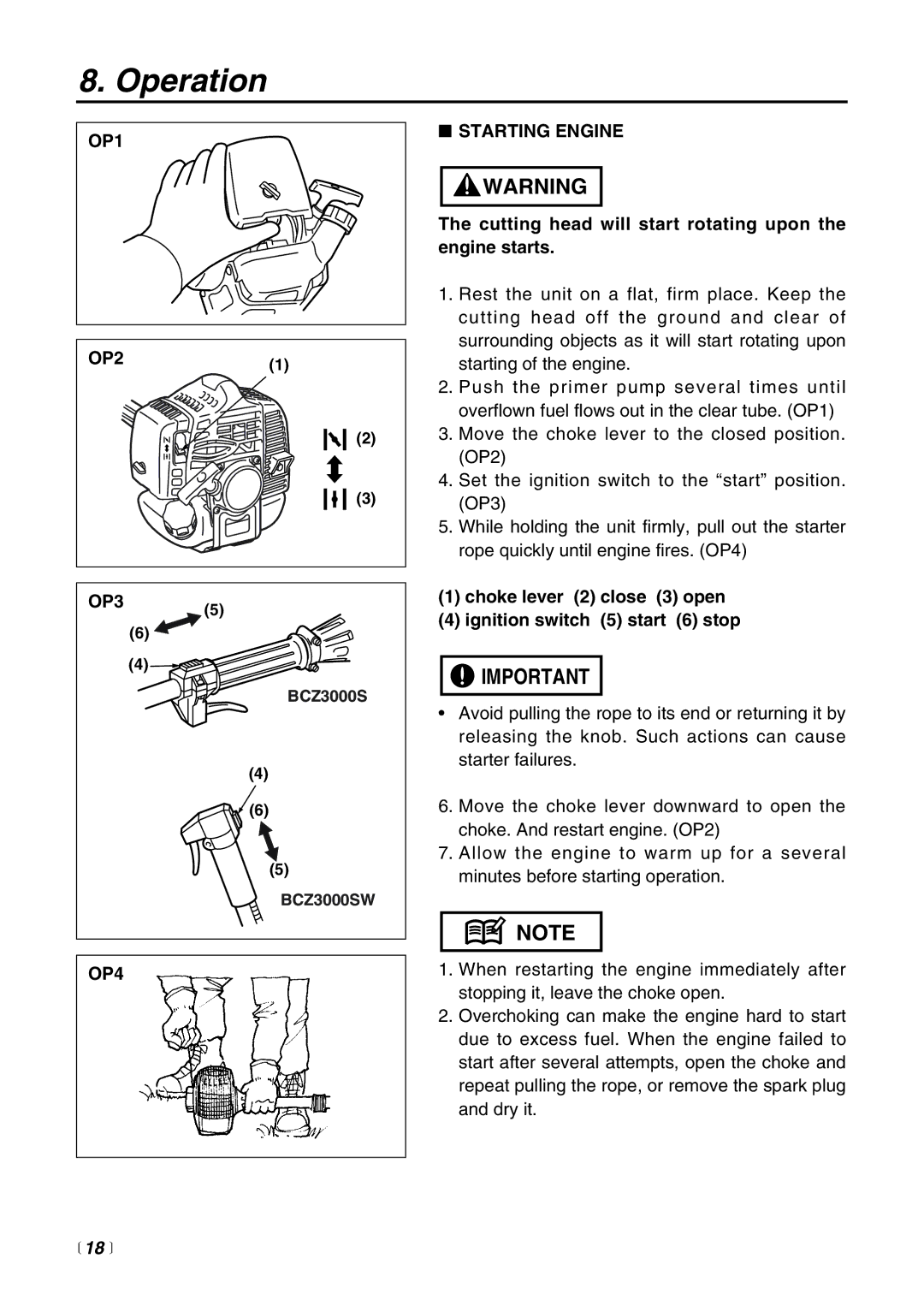 Zenoah BCZ3000 manual Operation, OP1, OP3, OP4 Starting Engine,  18  