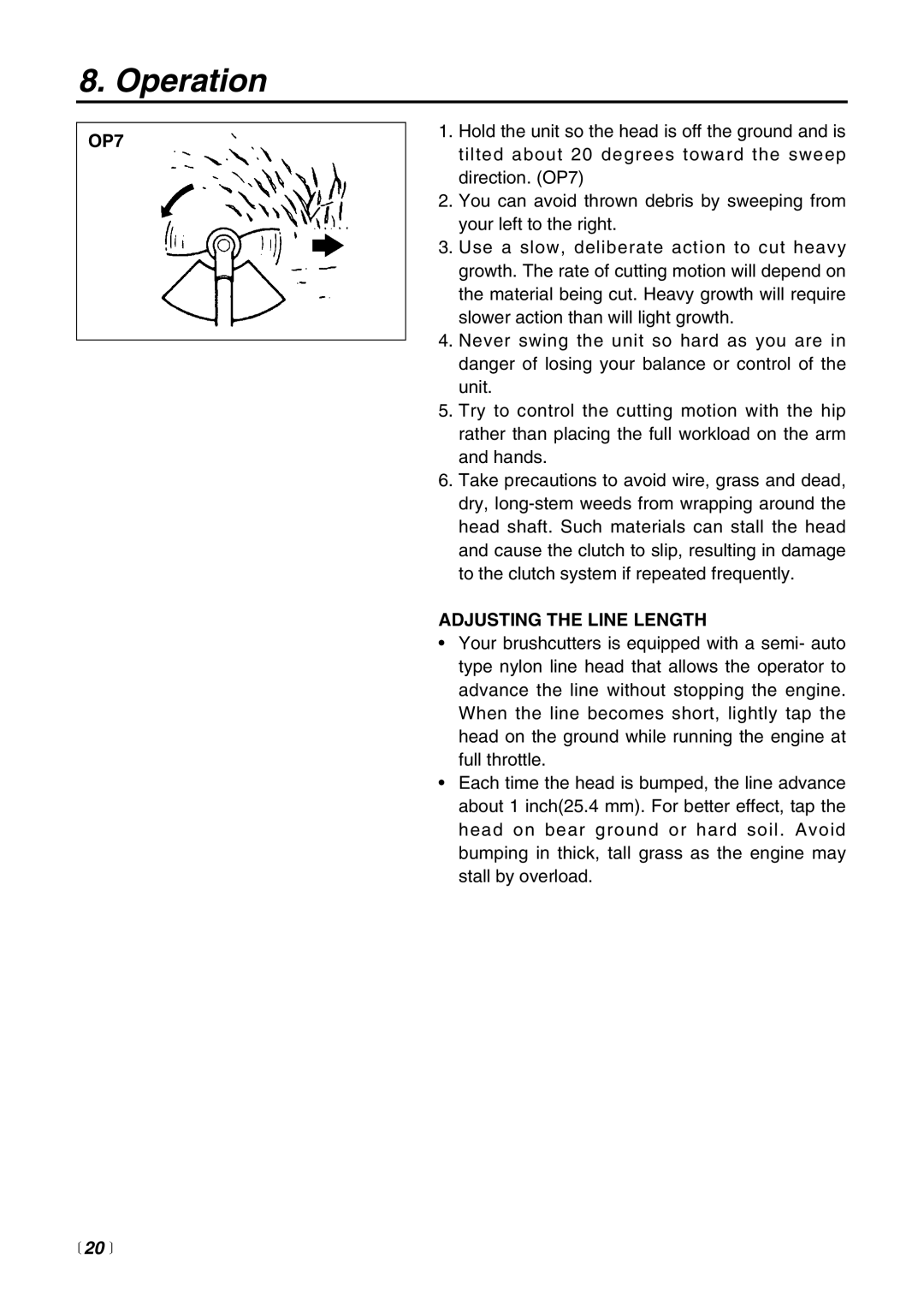 Zenoah BCZ3000 manual OP7, Adjusting the Line Length,  20  