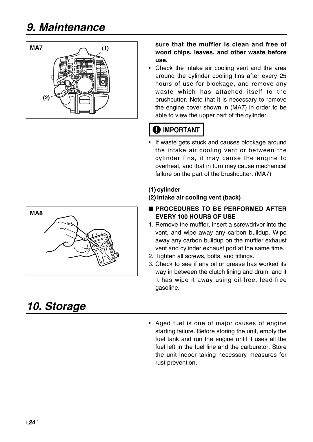 Zenoah BCZ3000 manual Storage, MA8, Procedures to be Performed After Every 100 Hours of USE,  24  