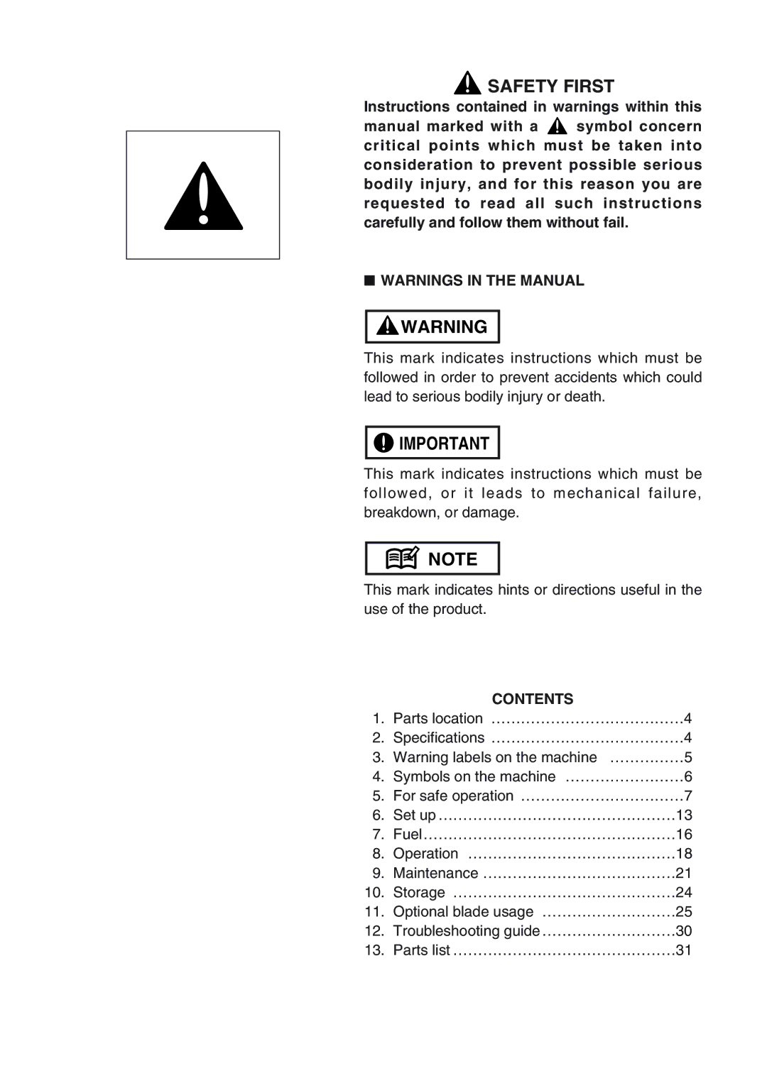 Zenoah BCZ3000 manual Safety First, Contents 