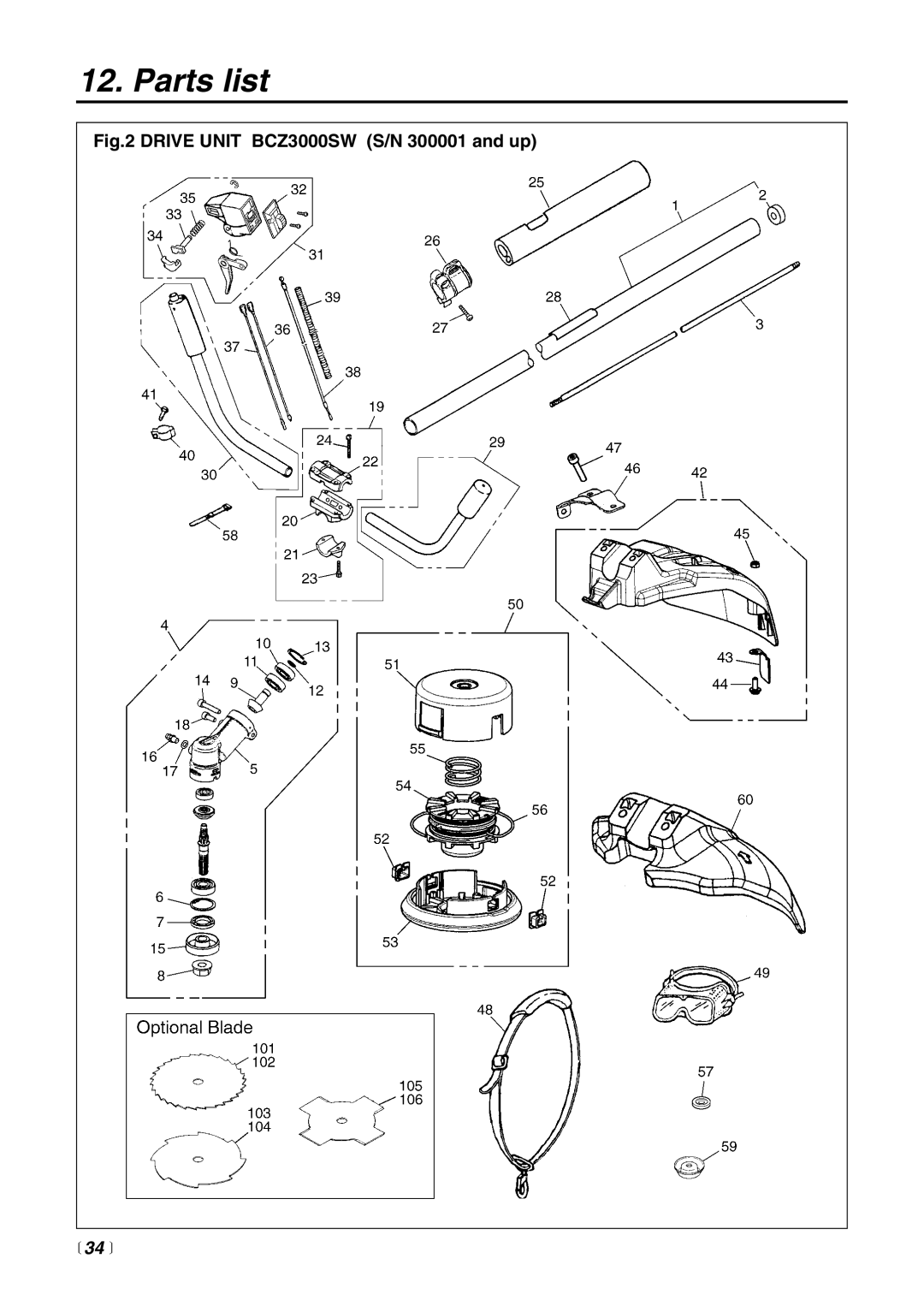 Zenoah manual Drive Unit BCZ3000SW S/N 300001 and up,  34  