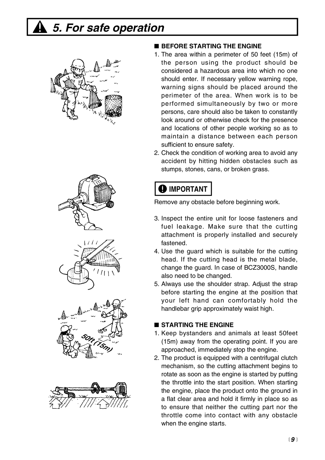 Zenoah BCZ3000 manual Before Starting the Engine,  9  