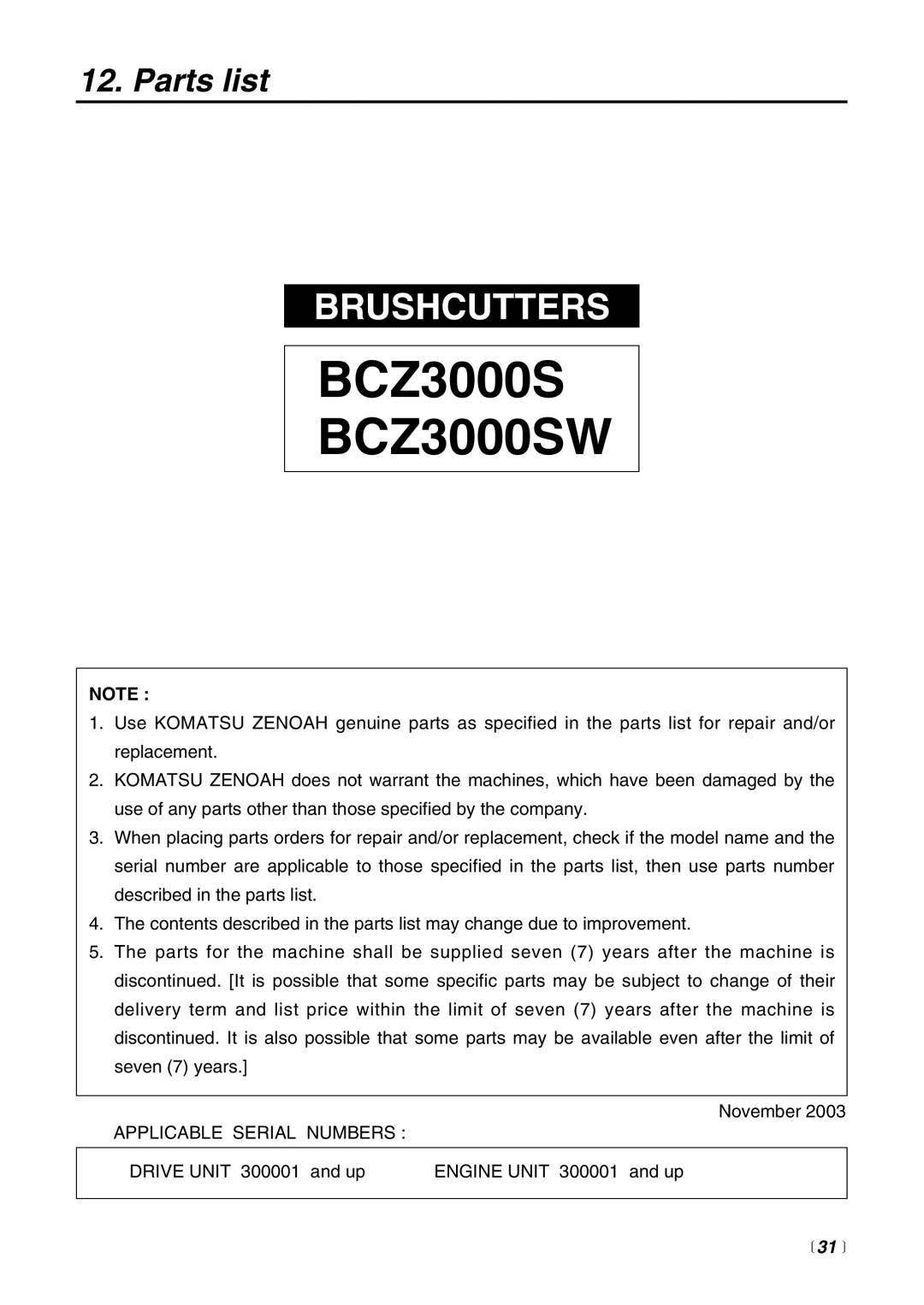 Zenoah manual Parts list, 31 , BCZ3000S BCZ3000SW, Brushcutters 