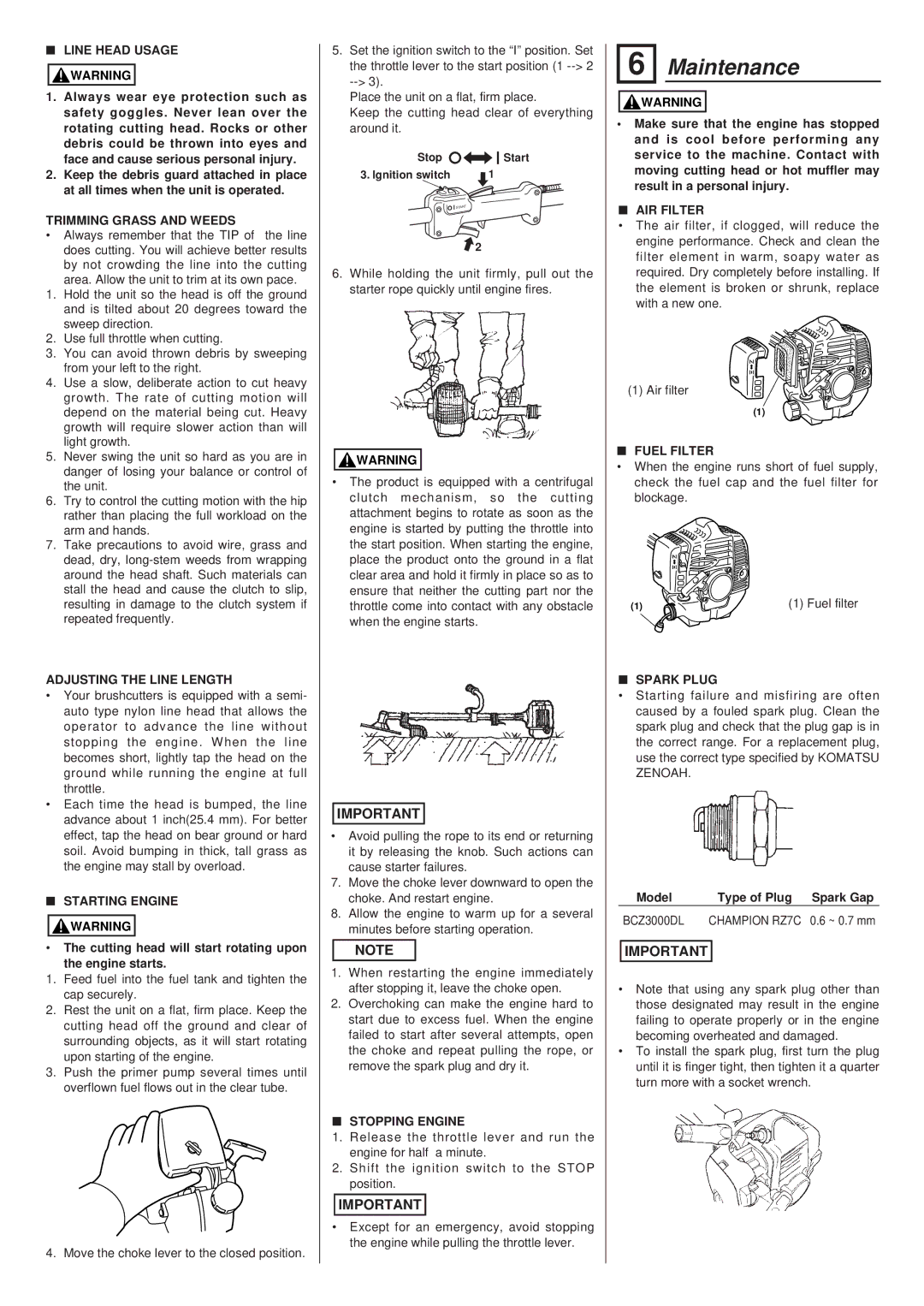 Zenoah BCZ3000DL owner manual Maintenance 