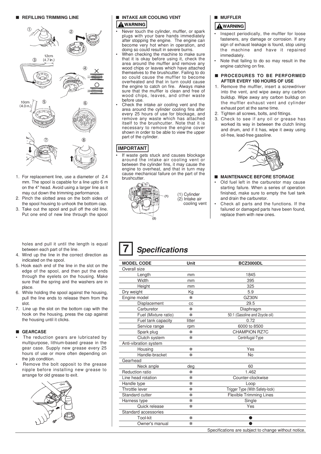 Zenoah BCZ3000DL owner manual Specifications 